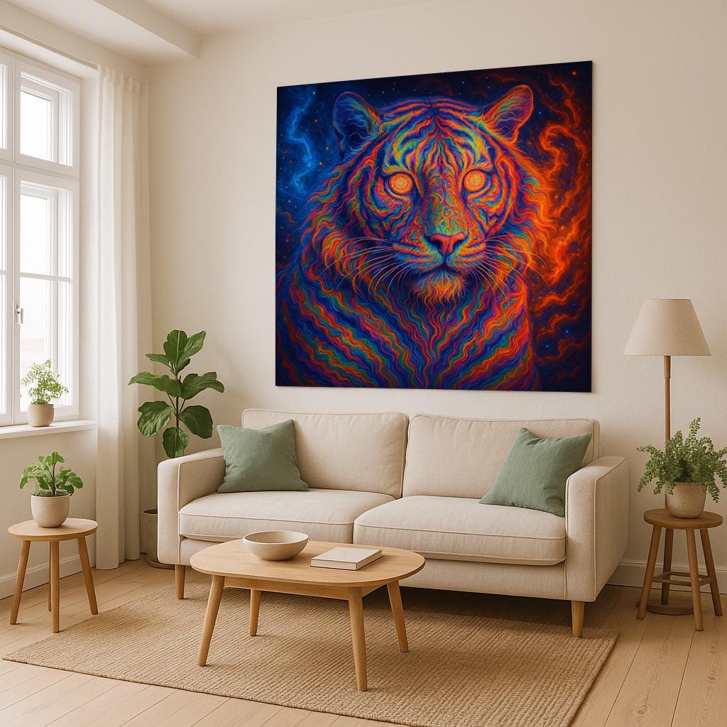 Psychedelic Tiger Tapestry, Trippy Neon Wall Art, Vibrant Jungle Decor, Boho Dorm Room Hanging, Cosmic Big Cat Gift, Festival Vibes