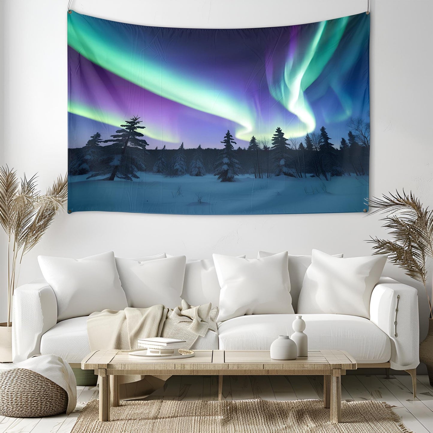 Snowy Forest Tapestry, Vibrant Aurora Borealis Sky with Swirling Northern Lights, Deep Blue Purple Minimalist Pine Silhouette Art