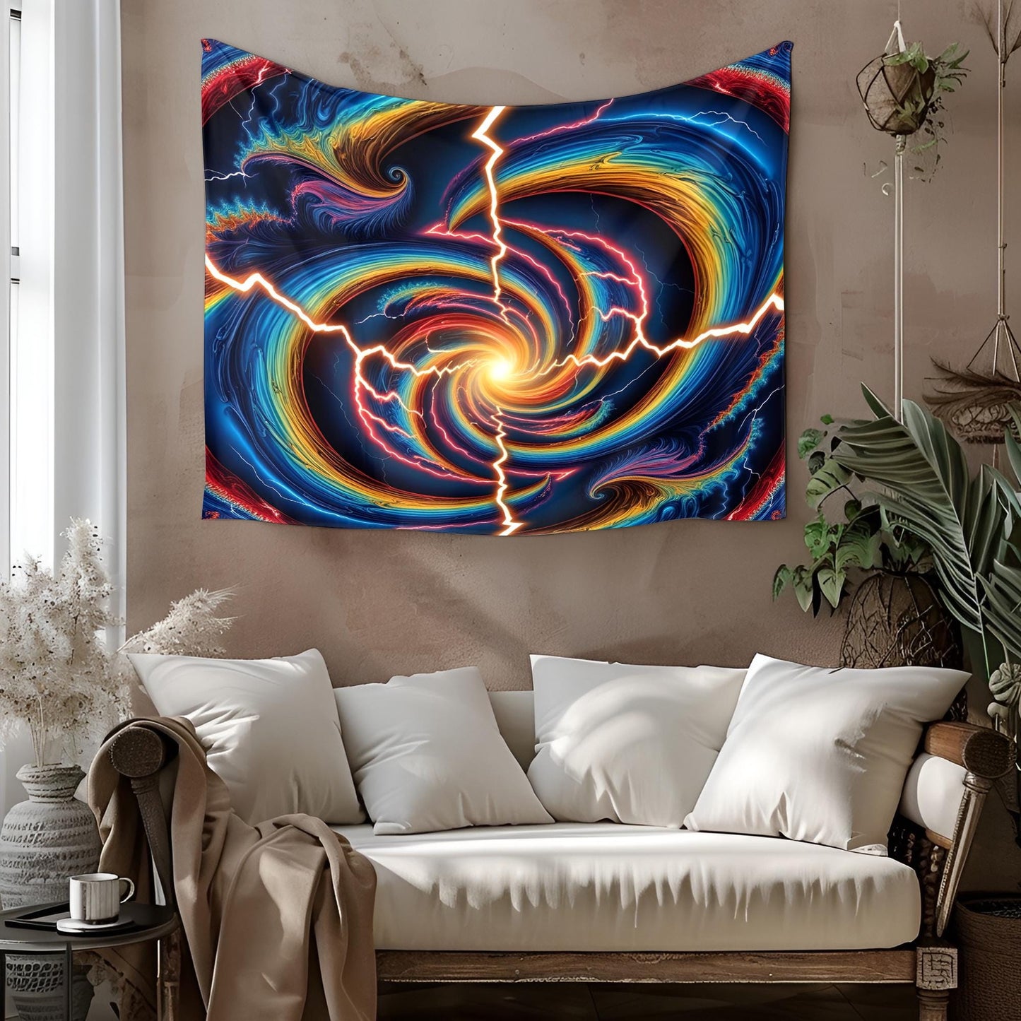 Psychedelic Optical Illusion Tapestry, Swirling Electric Waves, Rainbow Lightning & Hypnotic Fractal Vortex Wall Art
