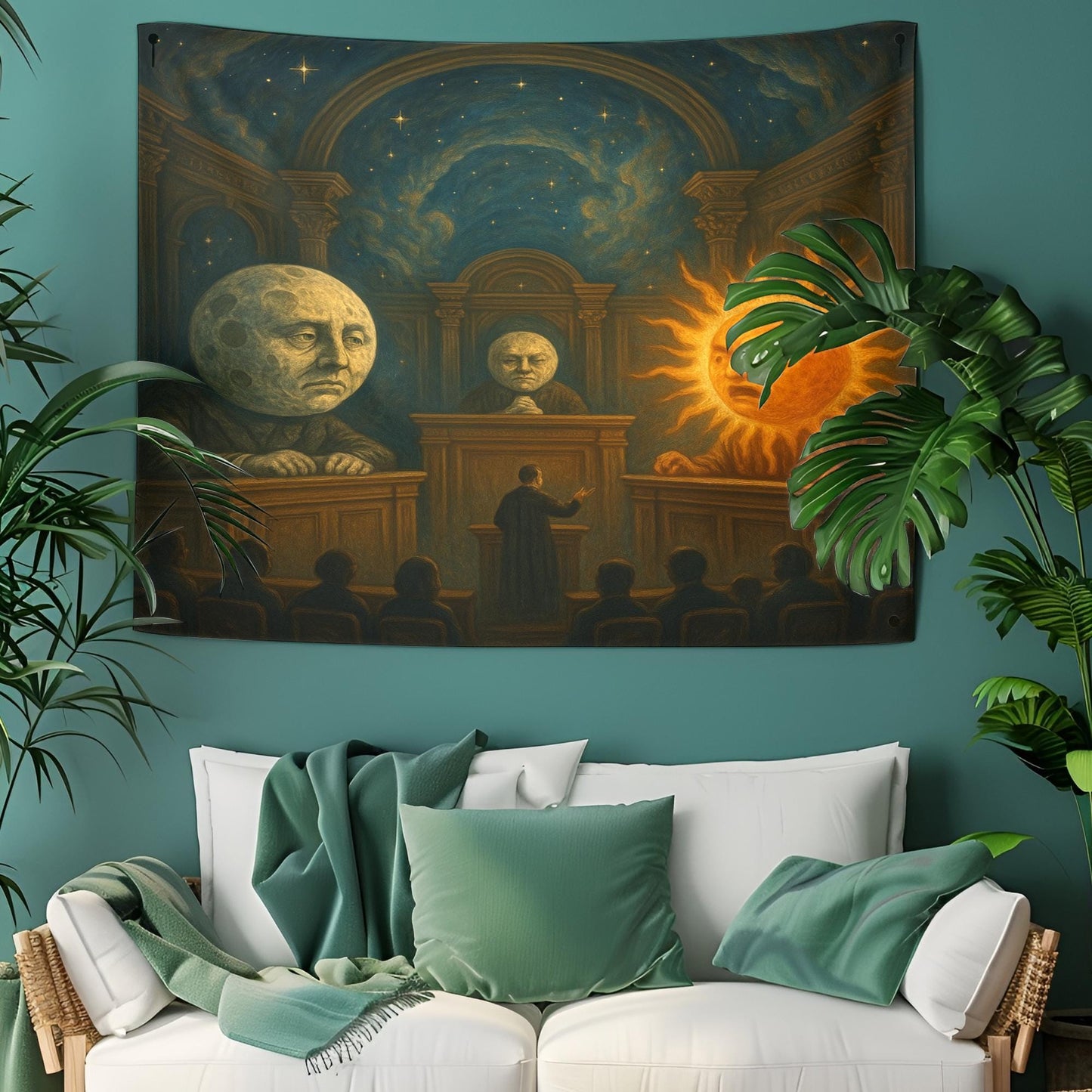 Sun And Moon Courtroom Tapestry, Surreal Cosmic Wall Art, Funny Outer Space Decor, Galaxy Trial Scene, Gift For Astronomy Or Art Lovers