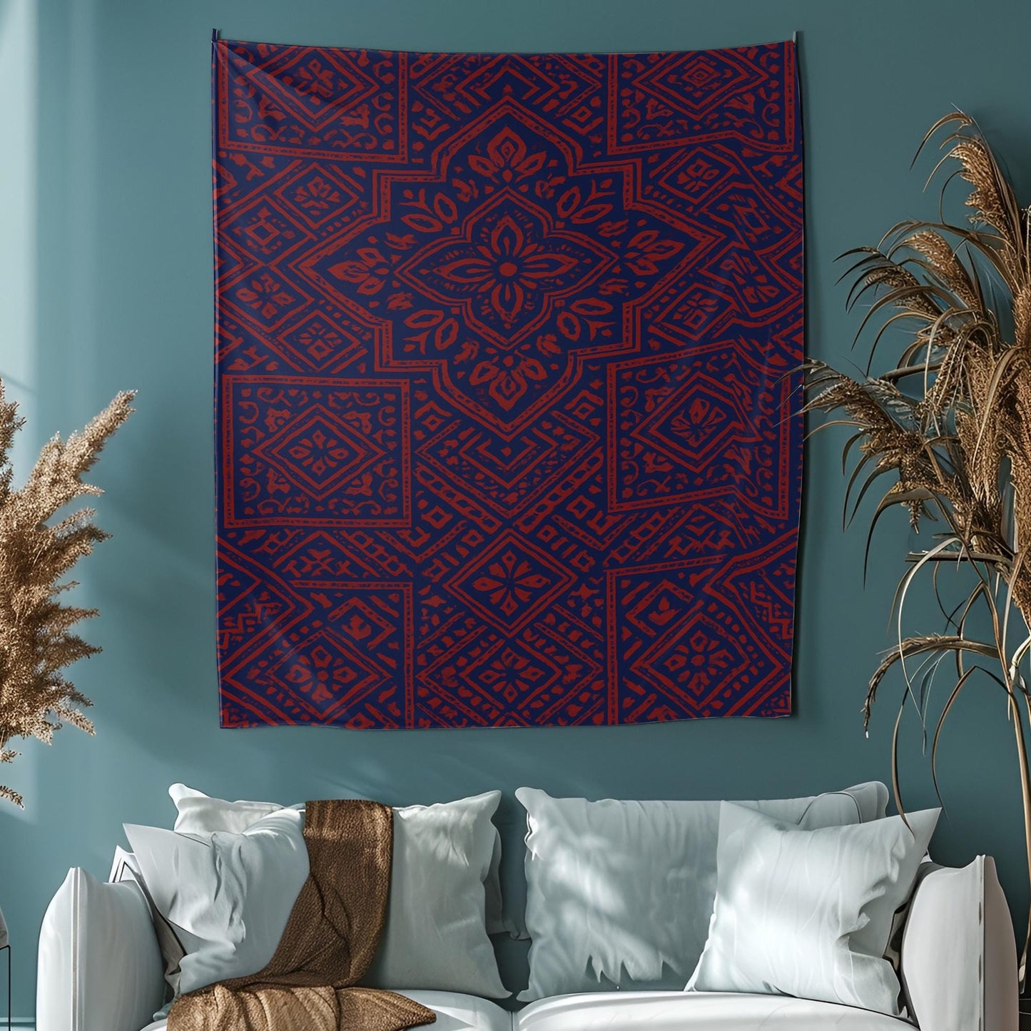 Boho Geometric Tapestry in Navy and Rust – Ethnic Pattern Wall Hanging for Bedroom, Living Room, Dorm, or Meditation Space