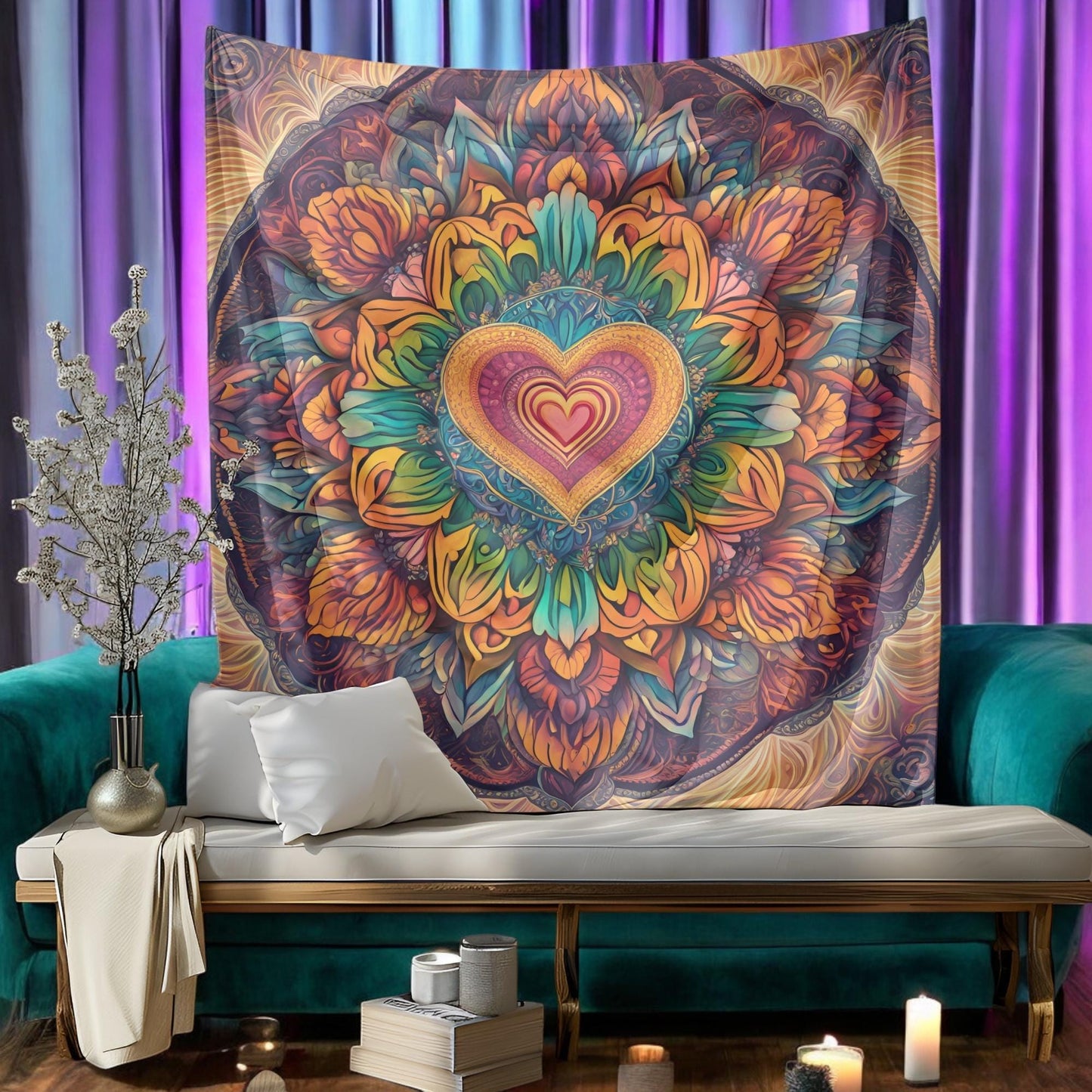 Rainbow Mandala Tapestry - LGBT Pride Boho Wall Hanging - Colorful Spiritual Room Decor - Vibrant Symmetrical Mandala with Heart Center