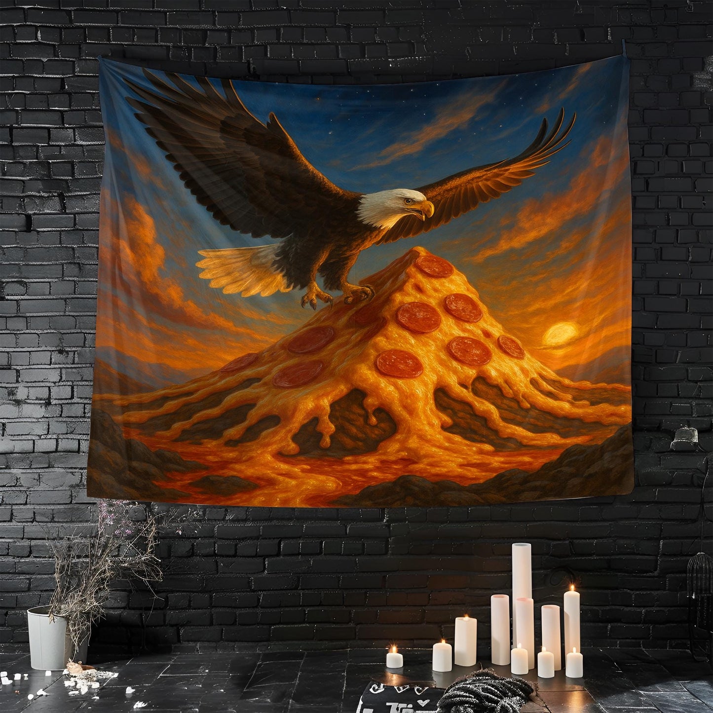 Patriotic Eagle On Pizza Mountain Tapestry, Funny Wall Art For Dorm Room, Bold Americana Galaxy Decor, Unique Gift For Pizza Or Eagle Lover