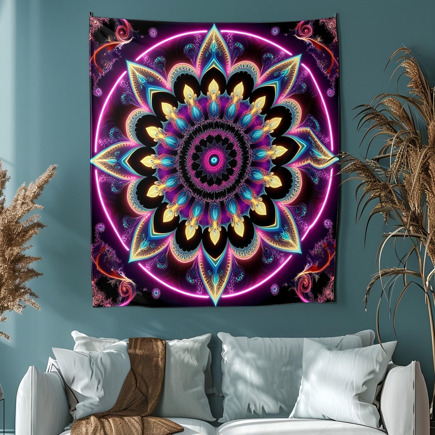 Psychedelic Fractal Mandala Tapestry, Neon Sacred Geometry Wall Art, Hypnotic Waves & Vibrant Patterns, Ultra HD Trippy Decor, Psychedelic