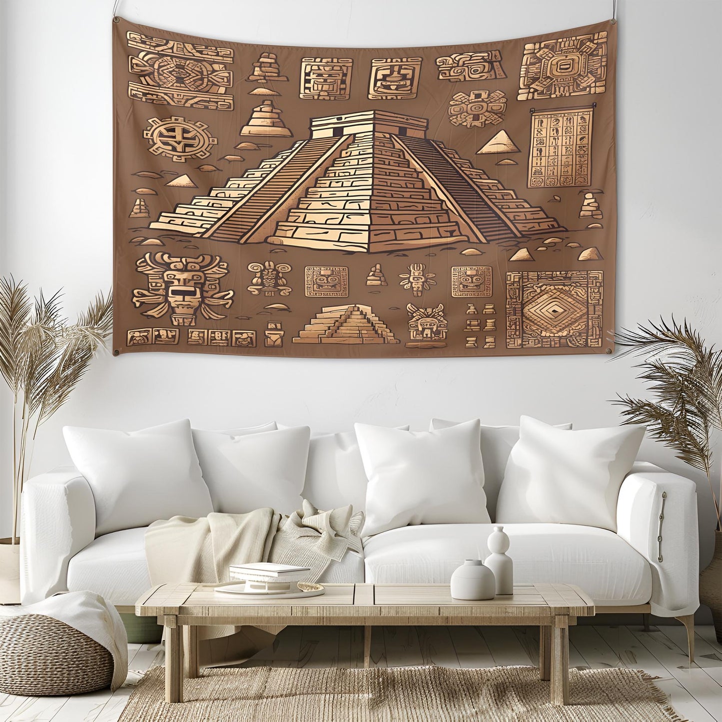 Seamless Mayan Tapestry with Pyramids, Calendar Symbols & Intricate Stone Carvings, Earthy Tones Ancient Mesoamerican Wall Art