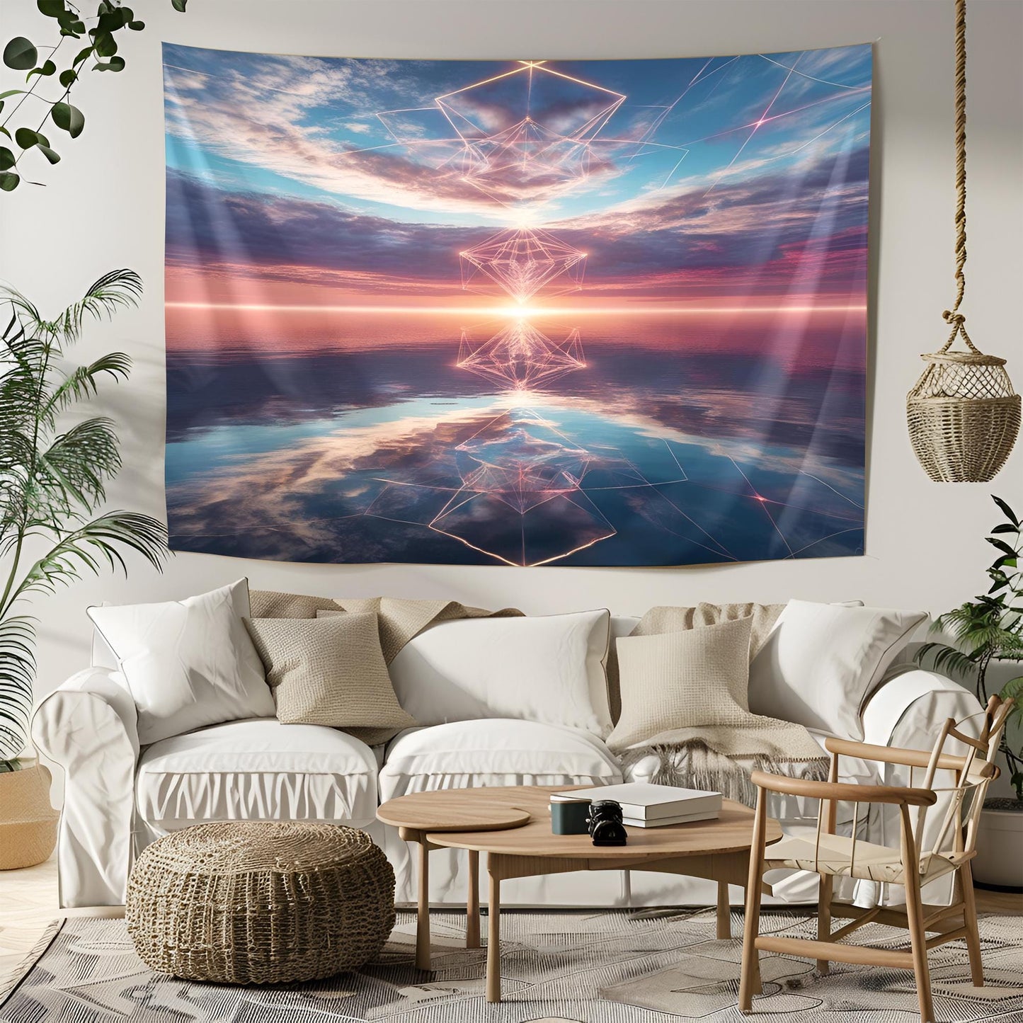 Dreamlike Surreal Ocean Sky Tapestry, Glowing Geometric Patterns, Infinite Reflections of Light & Color, Hypnotic Psychedelic Trippy Art