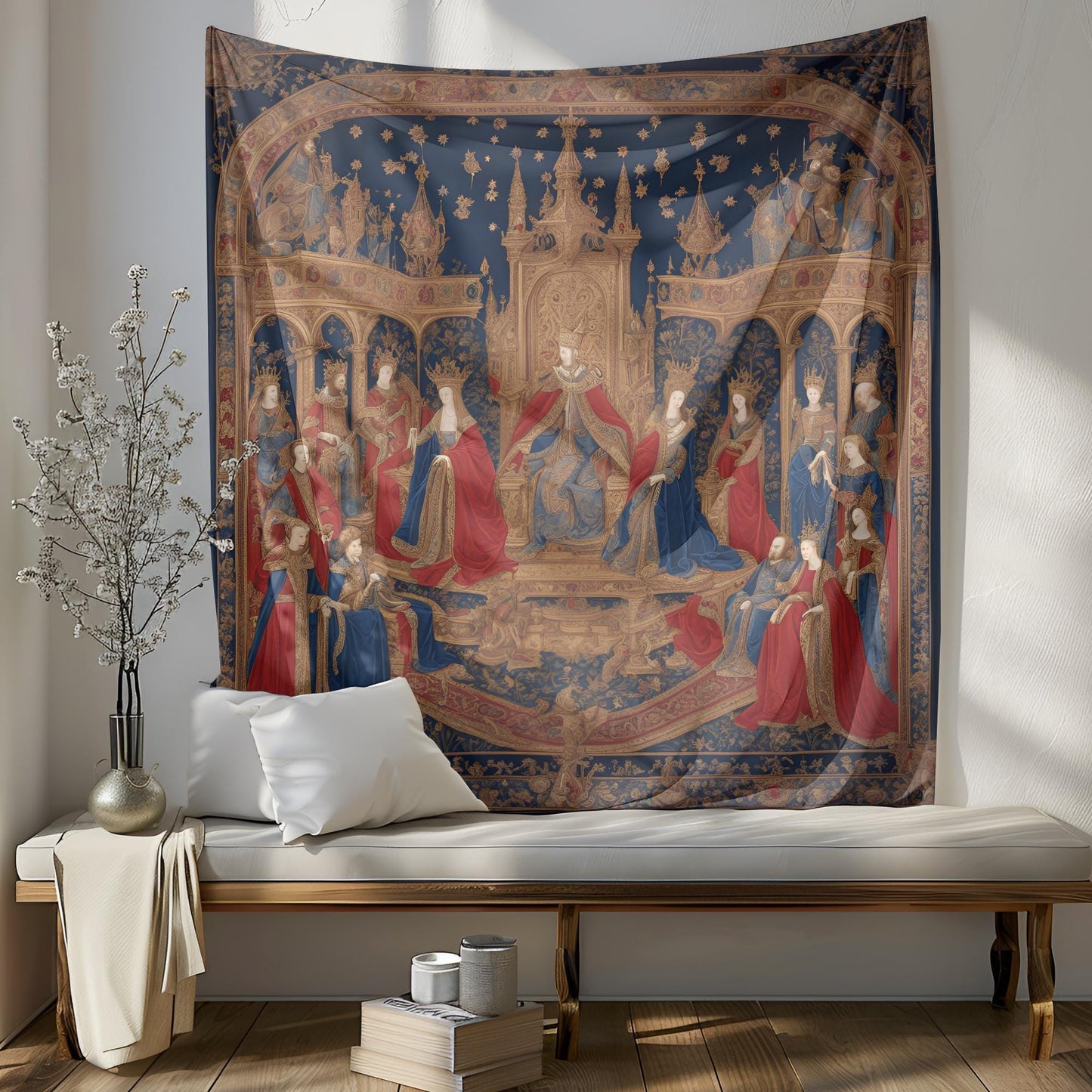 Medieval Royal Tapestry - King and Queen Sitting on Golden Thrones - Gothic Wall Hanging - Renaissance Home Decor - Castle-Inspired Art