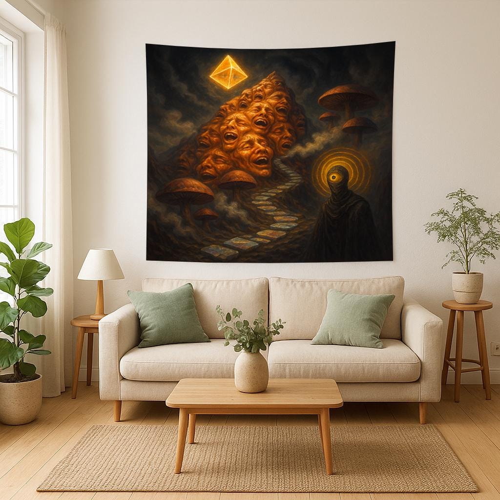 Surreal Horror Tapestry β Trippy Eyeball Figure Wall Art, Dark Psychedelic Decor, Dreamscape Faces Scene, Visionary Mushroom Tapestry