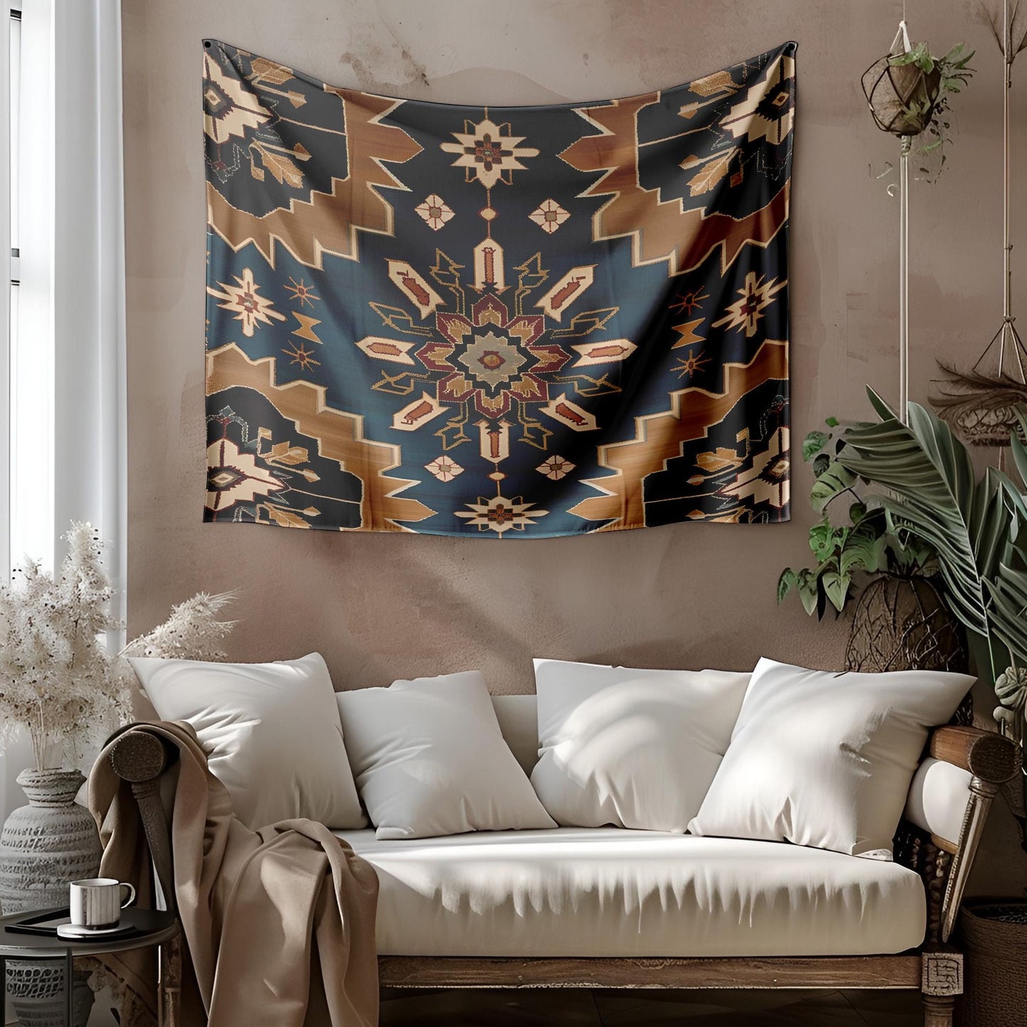 Turkish Seljuk Rug Tapestry, Symmetrical Geometric Wall Hanging, Eight-Pointed Star Design, Deep Turquoise Gold Decor,Turkish Rug Tapestry