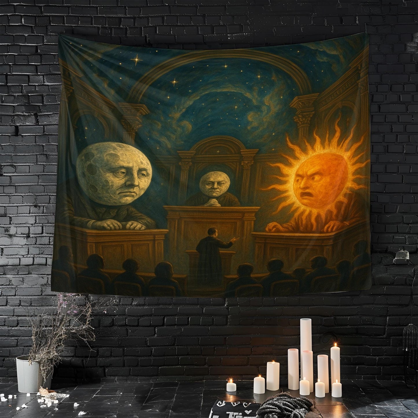 Sun And Moon Courtroom Tapestry, Surreal Cosmic Wall Art, Funny Outer Space Decor, Galaxy Trial Scene, Gift For Astronomy Or Art Lovers