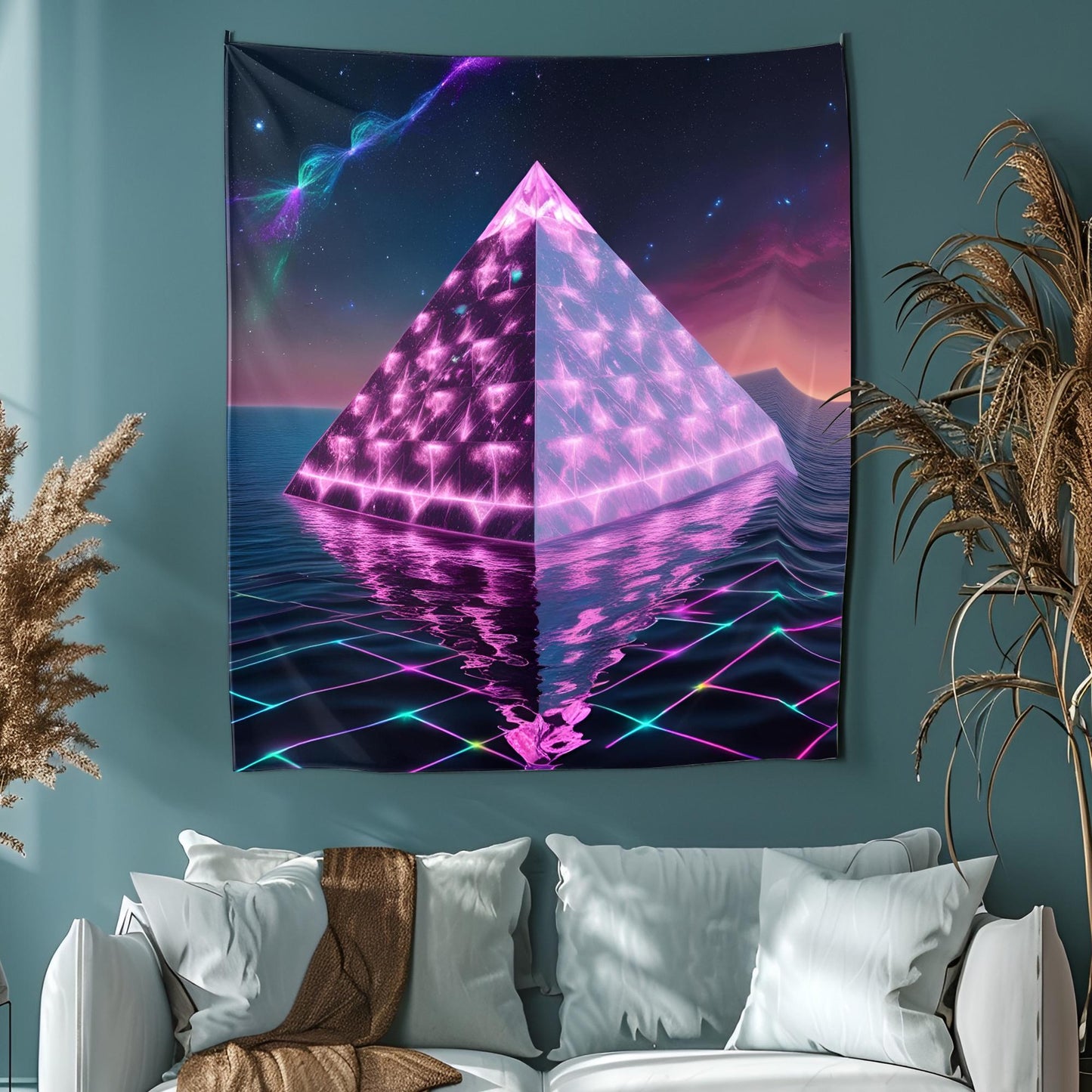 Neon Crystal Pyramid Tapestry, Floating Cosmic Light Prism, Glowing Rainbow Reflections, Geometric Energy Patterns Art, Trippy Tapestry