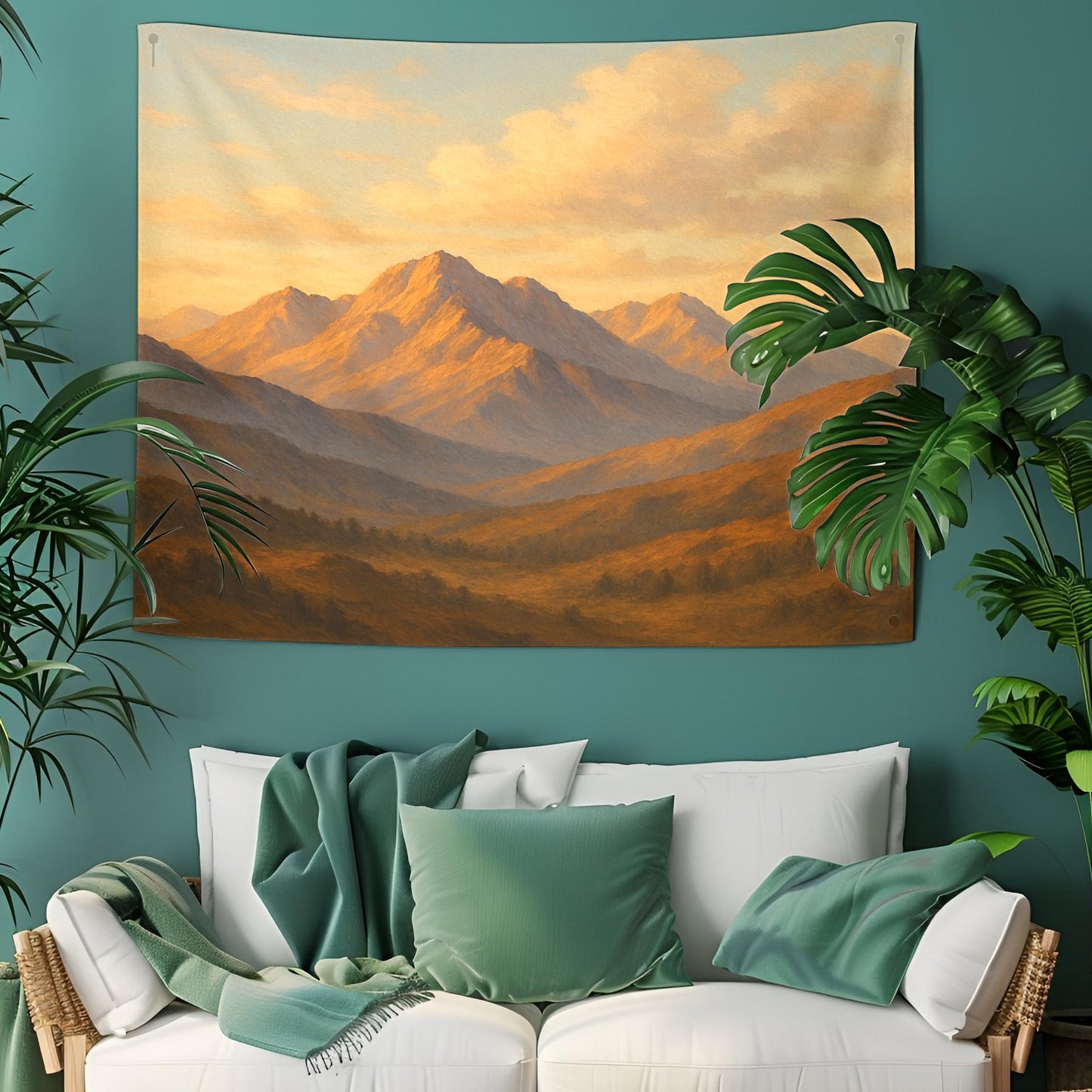 Golden Hour Mountain Tapestry – Nature Landscape Wall Art, Sunset Mountain Scene Fabric Wall Hanging, Boho Dorm & Living Room Decor