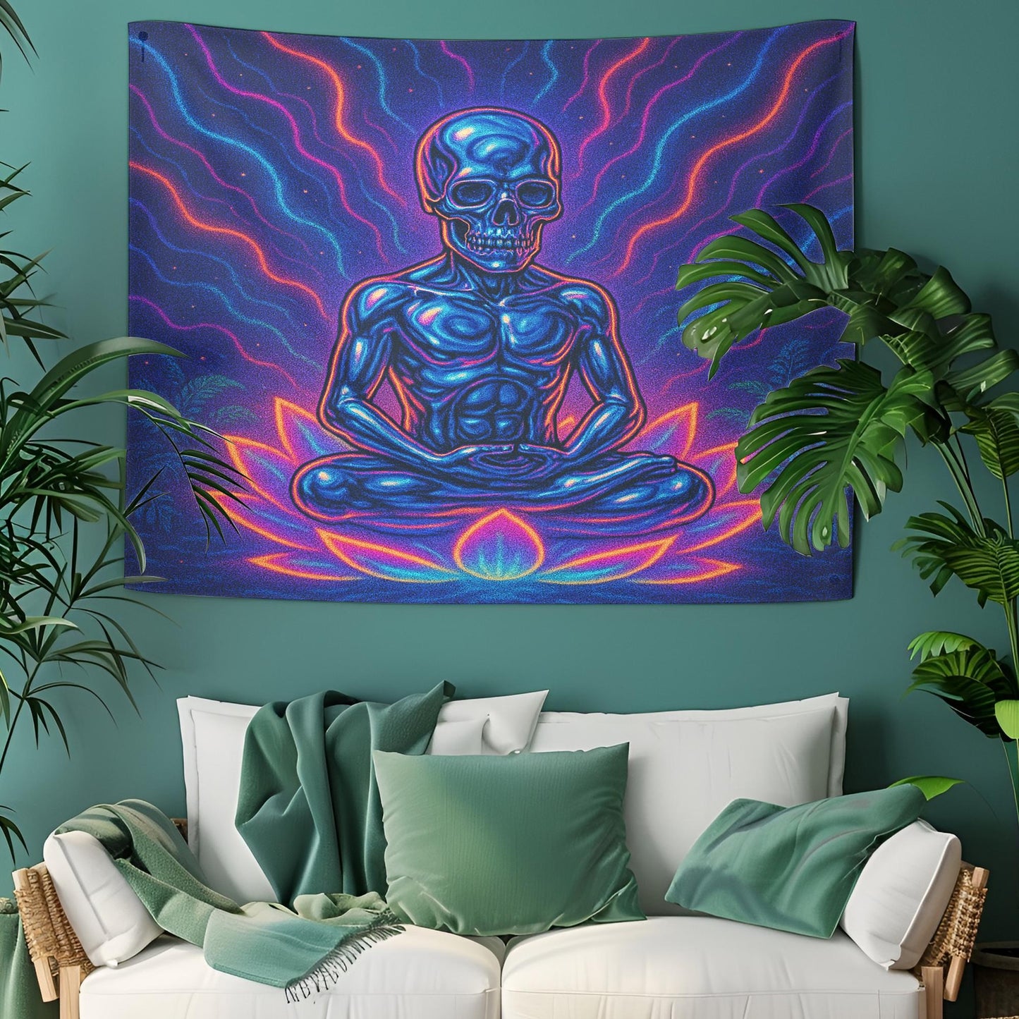 Psychedelic Skeleton Meditation Tapestry, Trippy Skull Wall Art, Cosmic Yoga Decor For Dorm Or Studio, Spiritual Gift For Him Or Her