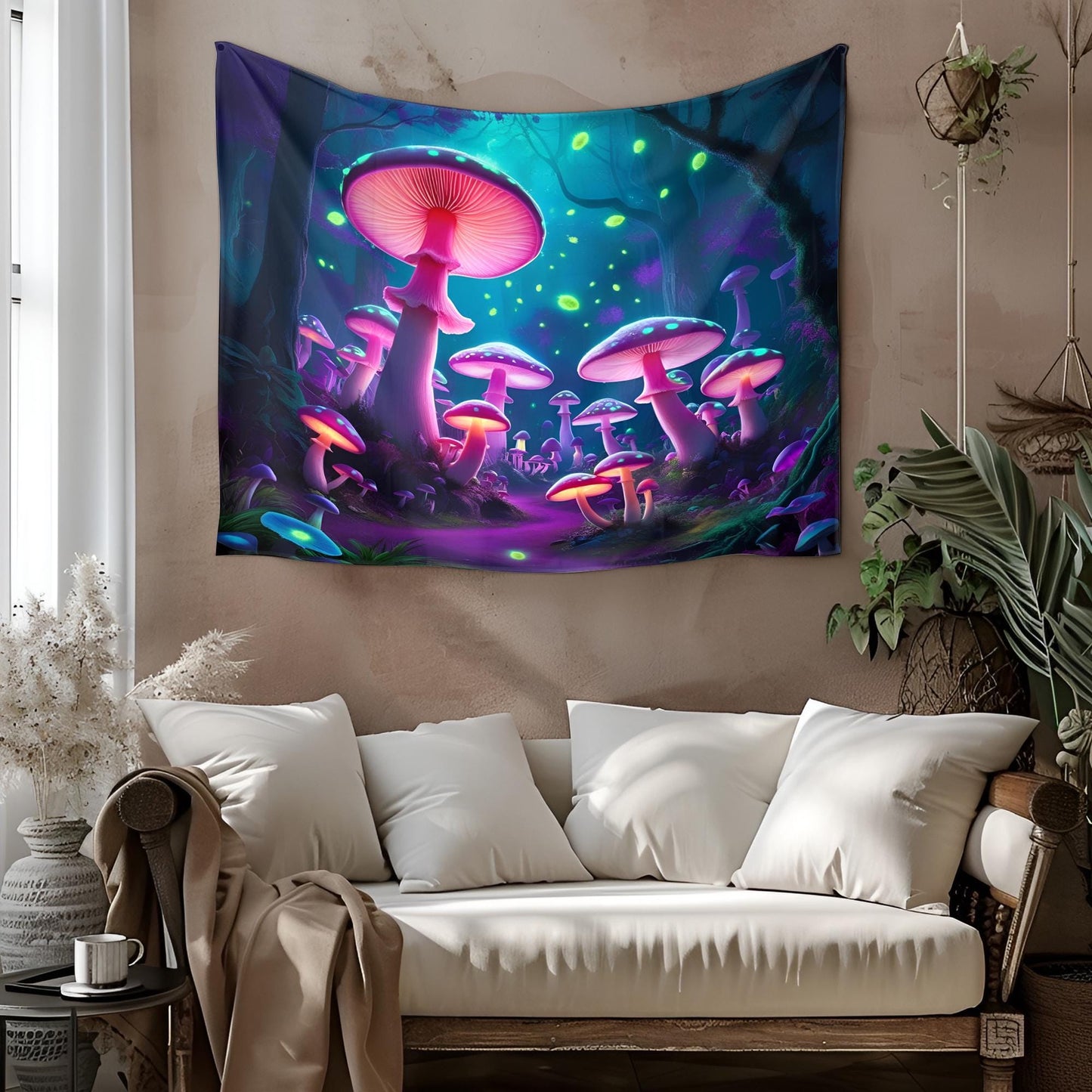 Bioluminescent Mushroom Forest Tapestry, Glowing Neon Spore Art, Fantasy Psychedelic Wall Hanging, Dreamy Purple Blue Green Decor,