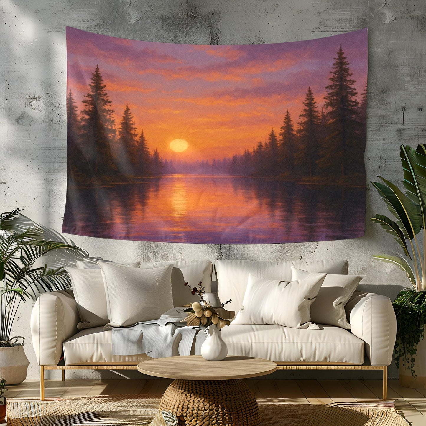 Sunset Lake Tapestry – Serene Forest Wall Hanging, Nature Landscape Wall Art, Tranquil Water Scene for Dorm, Bedroom or Living Room Decor