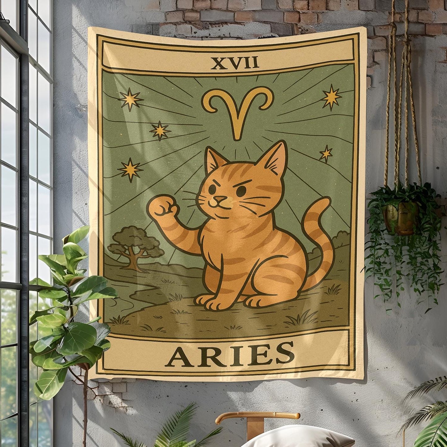 Aries Zodiac Cat Tapestry Wall Hanging โ Cute Astrology Cat Art Decor for Bedroom, Dorm Room, Meditation Space or Gift Idea