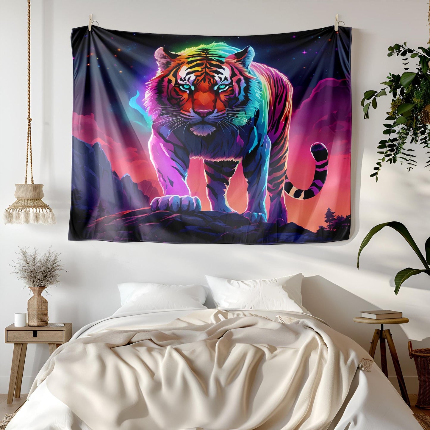 Vibrant Rainbow Tiger Tapestry - LGBT Pride Wall Hanging - Neon Cyberpunk Jungle Decor - Fierce & Colorful Animal Art