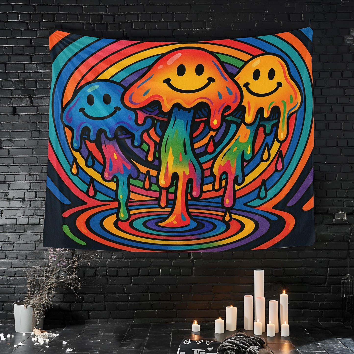 Psychedelic Mushroom Tapestry Wall Art, Trippy Smiley Face Drip Decor For Dorm Or Game Room, Vibrant Boho Gift For Friends Or Teens