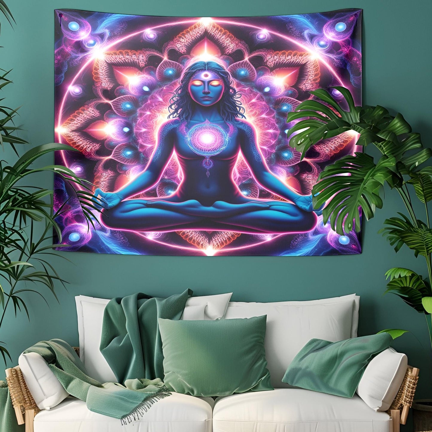 Psychedelic Meditating Figure Tapestry, Neon Fractal Cosmic Wall Art, Third Eye Awakening, Vibrant Mandala Visionary Decor, Psychedelic