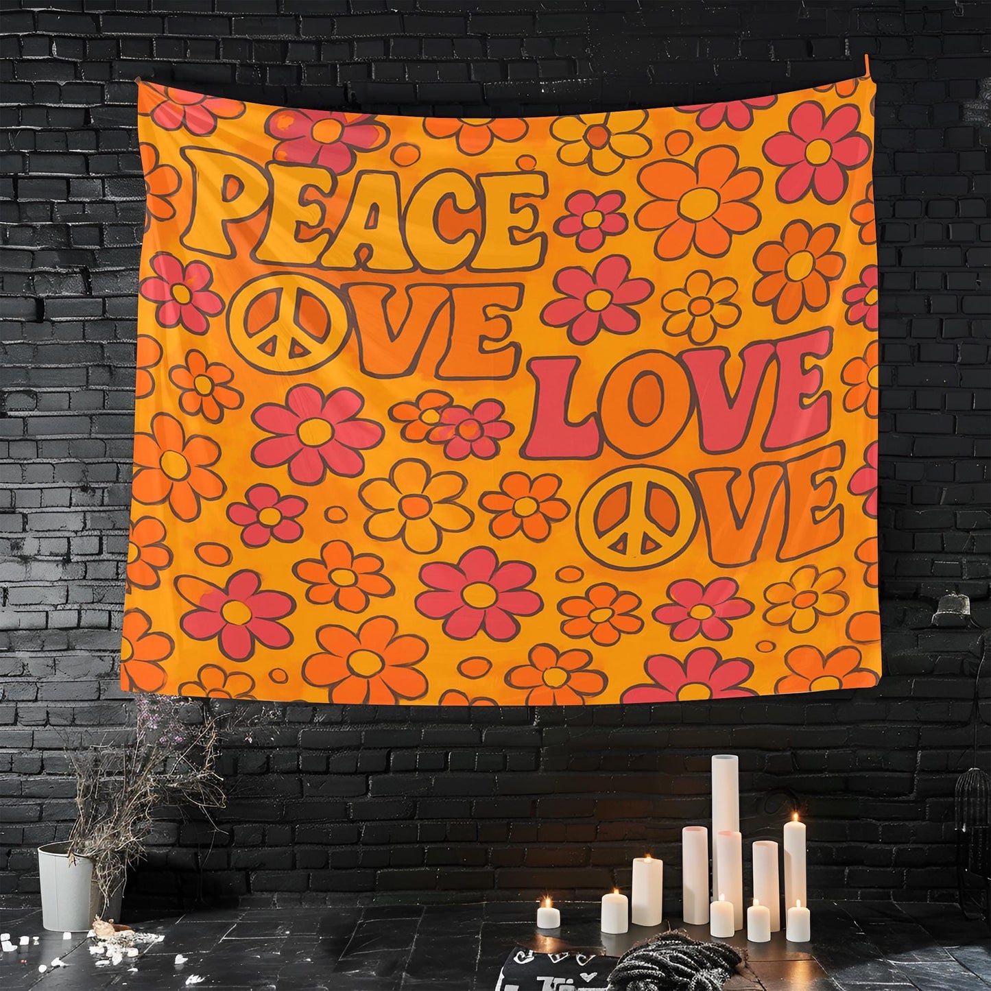 Retro Peace And Love Pattern Tapestry, 70s Style Typography With Flower Power Symbols, Orange Yellow Pink Wall Art, Groovy Gift For Her