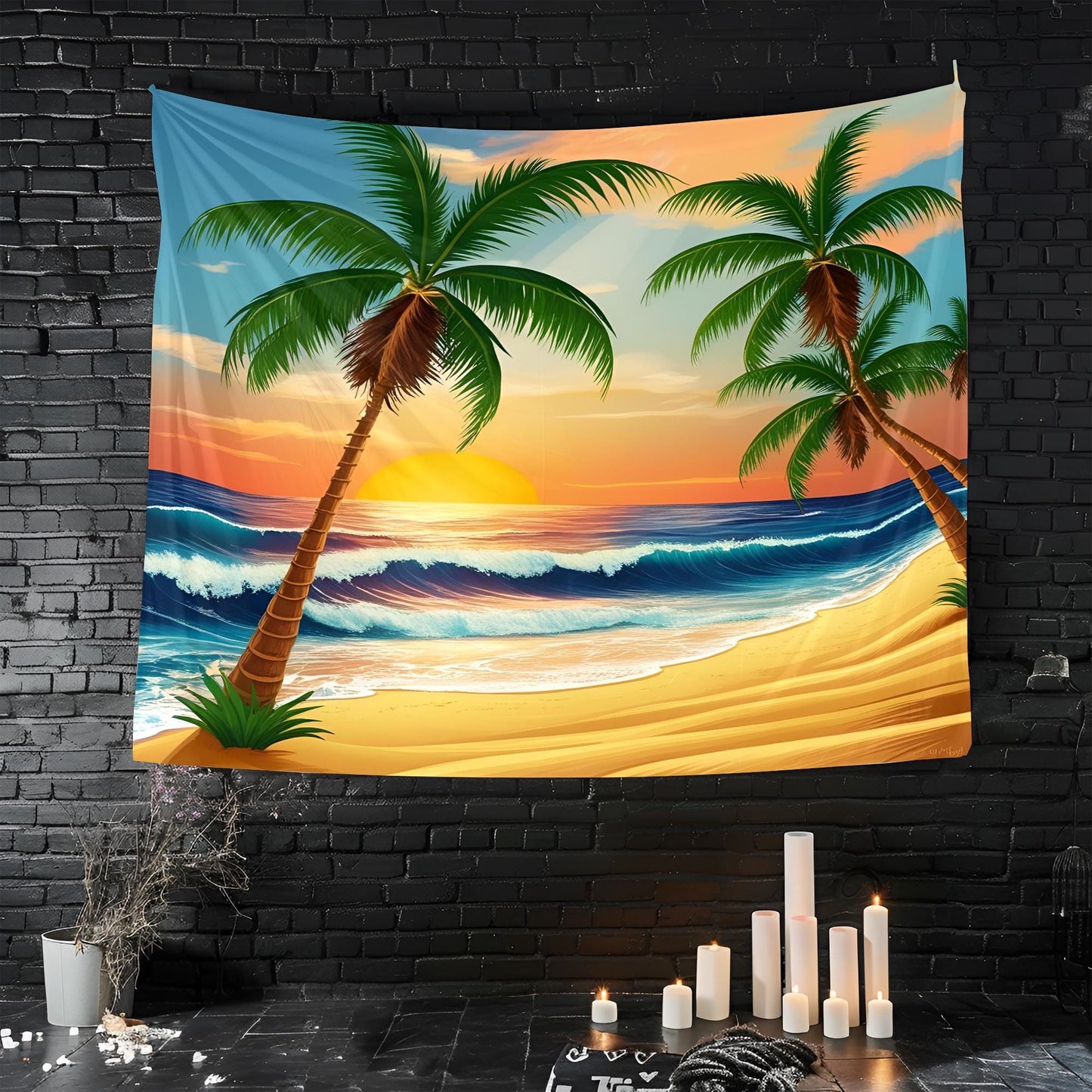 Tropical Beach Sunset Tapestry, Coconut Palm Trees & Golden Sand, Deep Blue Ocean Waves with Gentle Breeze, Warm Orange Sky Wall Art