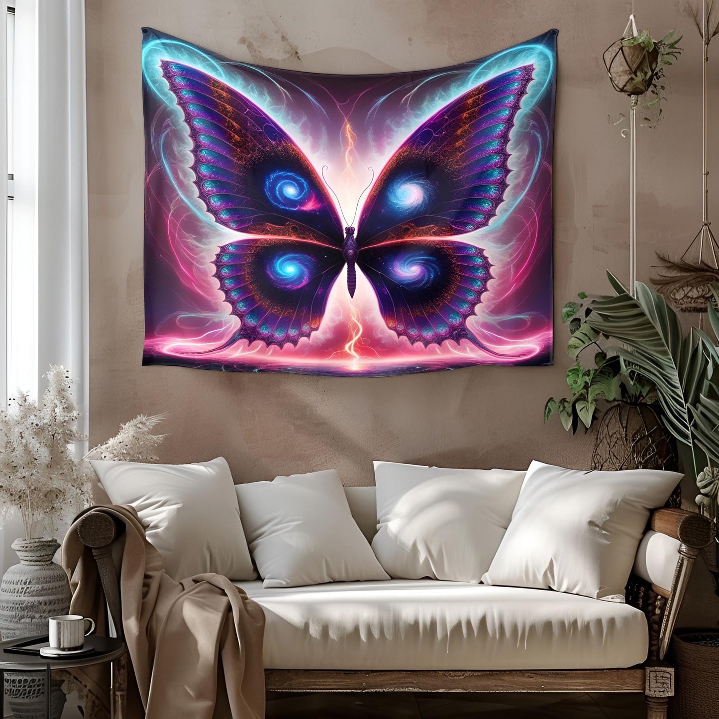 Psychedelic Galaxy Butterfly Tapestry, Neon Fractal Wings, Glowing Energy Trails, Surreal Dreamscape Wall Art, Trippy Tapestry, Psychedelic