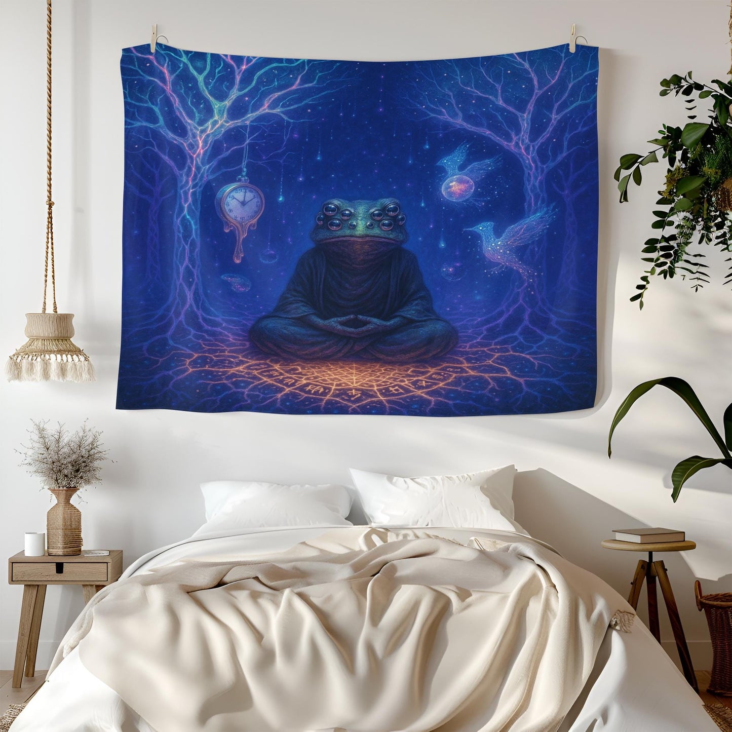 Psychedelic Frog Tapestry β Trippy Meditating Creature Wall Art, Surreal Time and Space Decor, Cosmic Boho Tapestry, Mystical Visionary