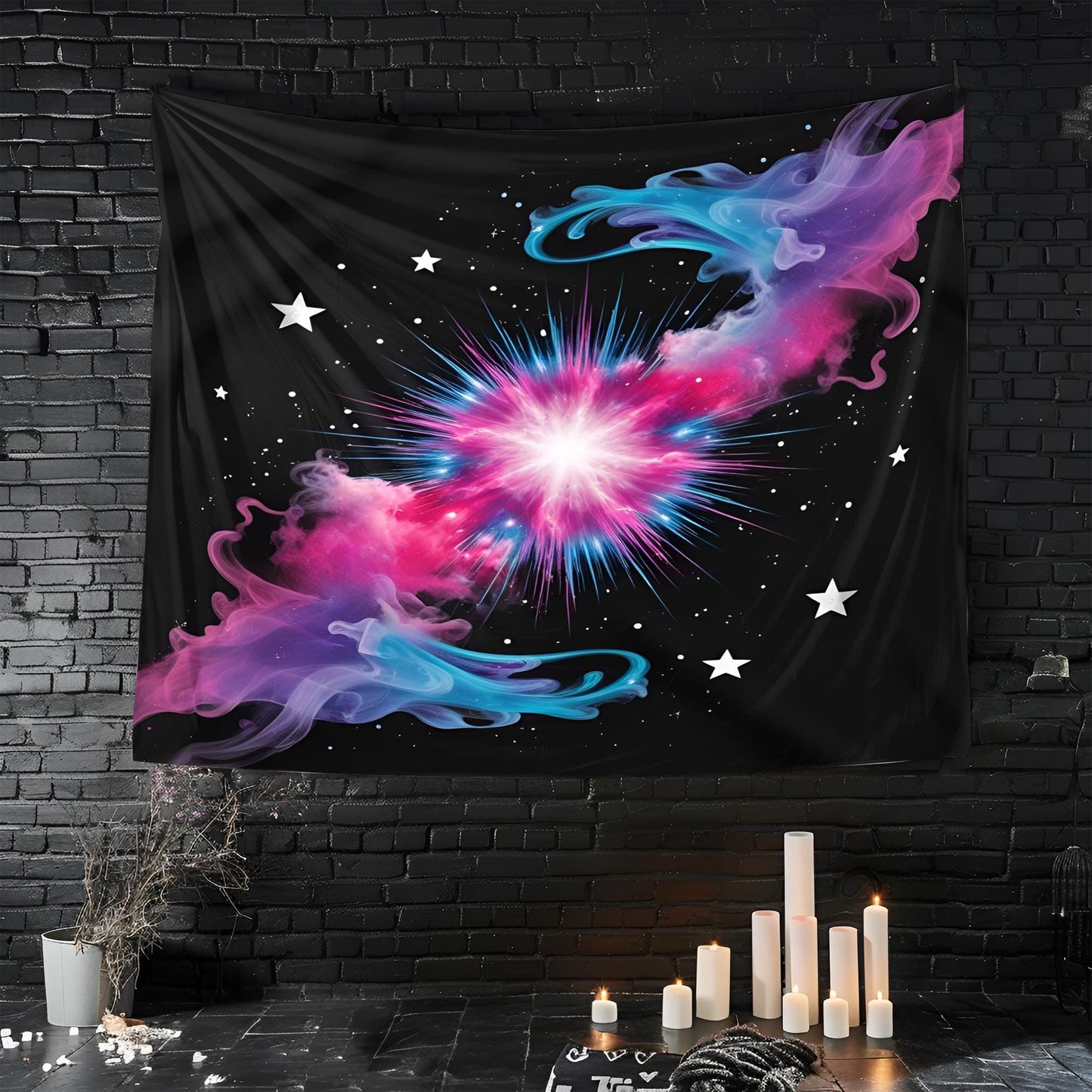 Colorful Space Nebula Tapestry, Central Cosmic Burst with Floating Stars & Swirling Mist, Vibrant Pink Blue Purple on Black Background