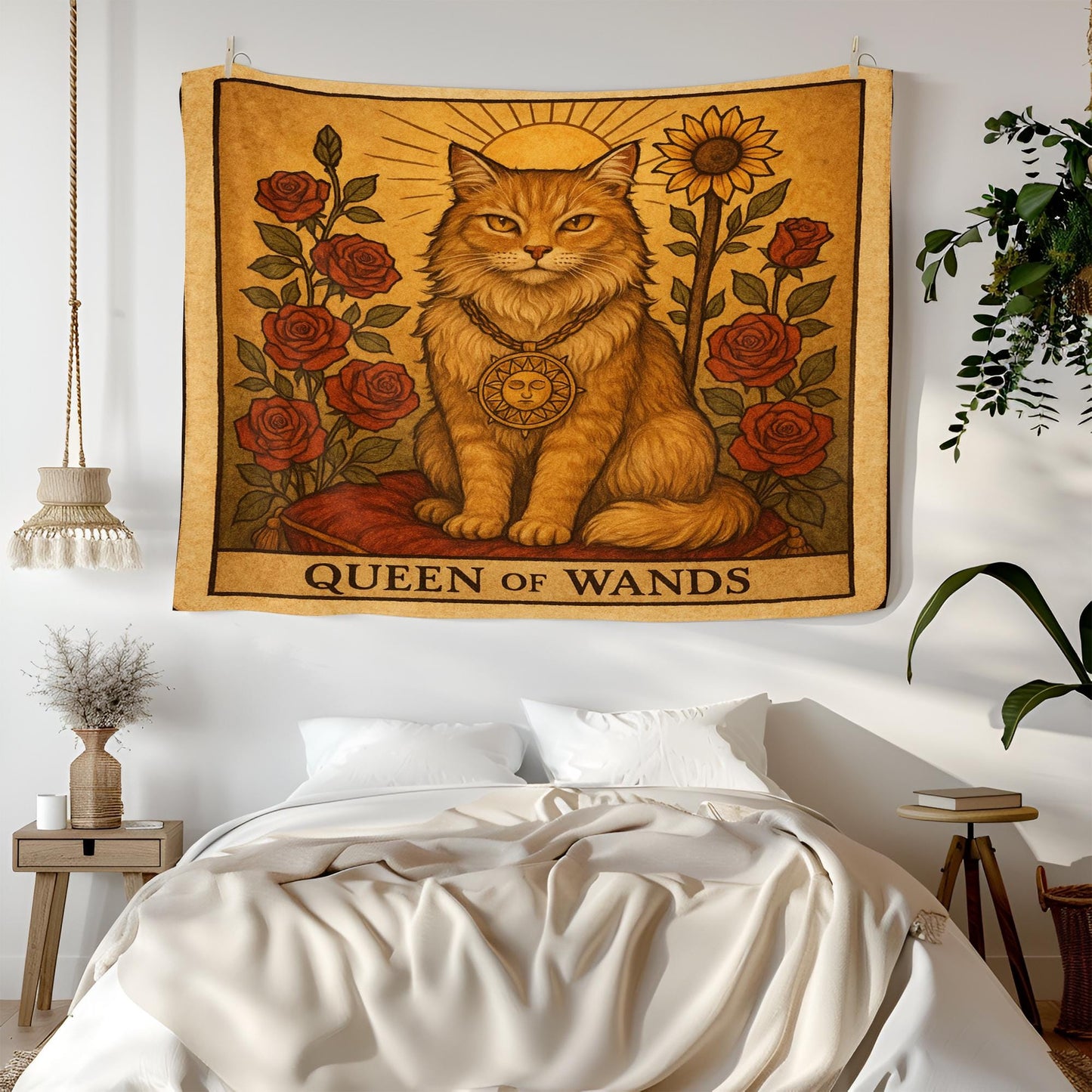Queen of Wands Cat Tapestry – Tarot-Inspired Cat Wall Art, Boho Mystic Decor, Empowering Tapestry for Bedroom, Living Room or Altar