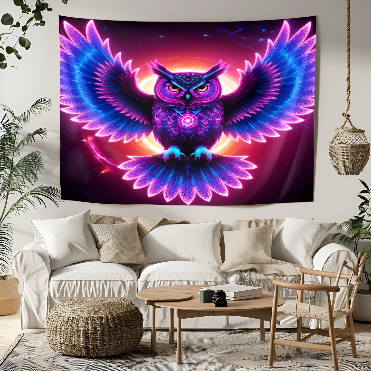 Neon Cosmic Owl Tapestry, Glowing Fractal Feathers & Hypnotic Eyes, Psychedelic Mystic Wall Art, Vibrant Light Trails Decor, Trippy Decor