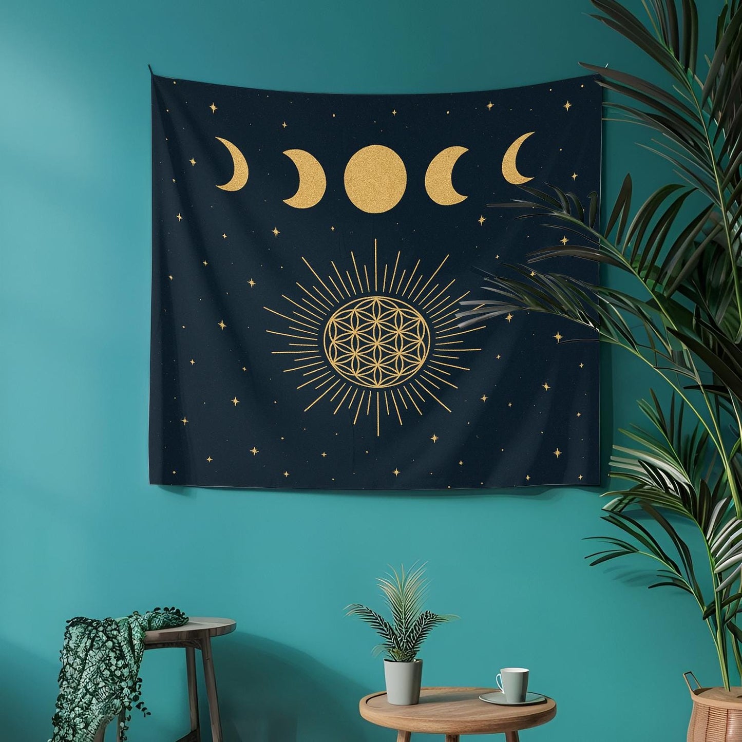 Celestial Moon Phase Wall Tapestry with Sacred Geometry and Stars in Gold on Black β Boho Spiritual Decor for Bedroom Yoga or Meditation