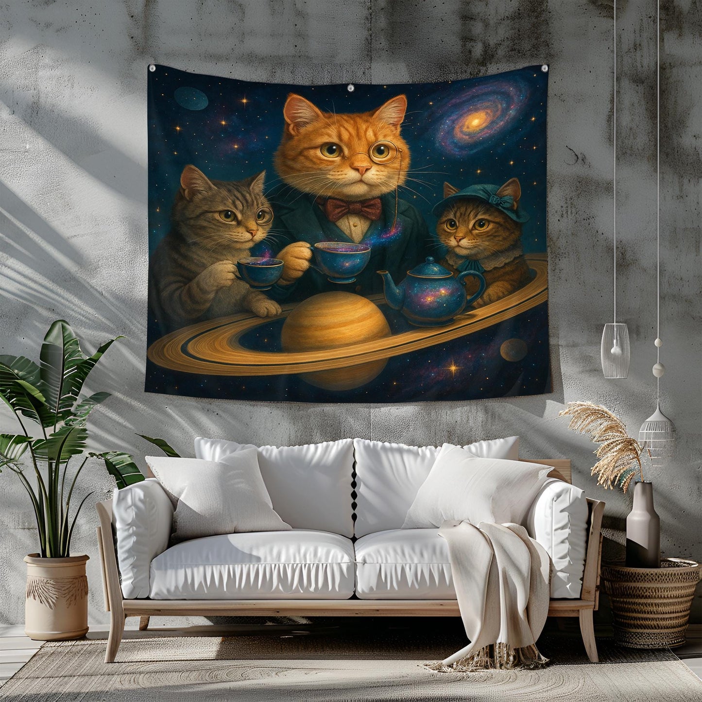Galaxy Cat Tapestry Wall Hanging, Whimsical Space Tea Party Art, Astronaut Cat Decor For Bedroom Or Living Room, Gift For Cat Lovers 50"x60"