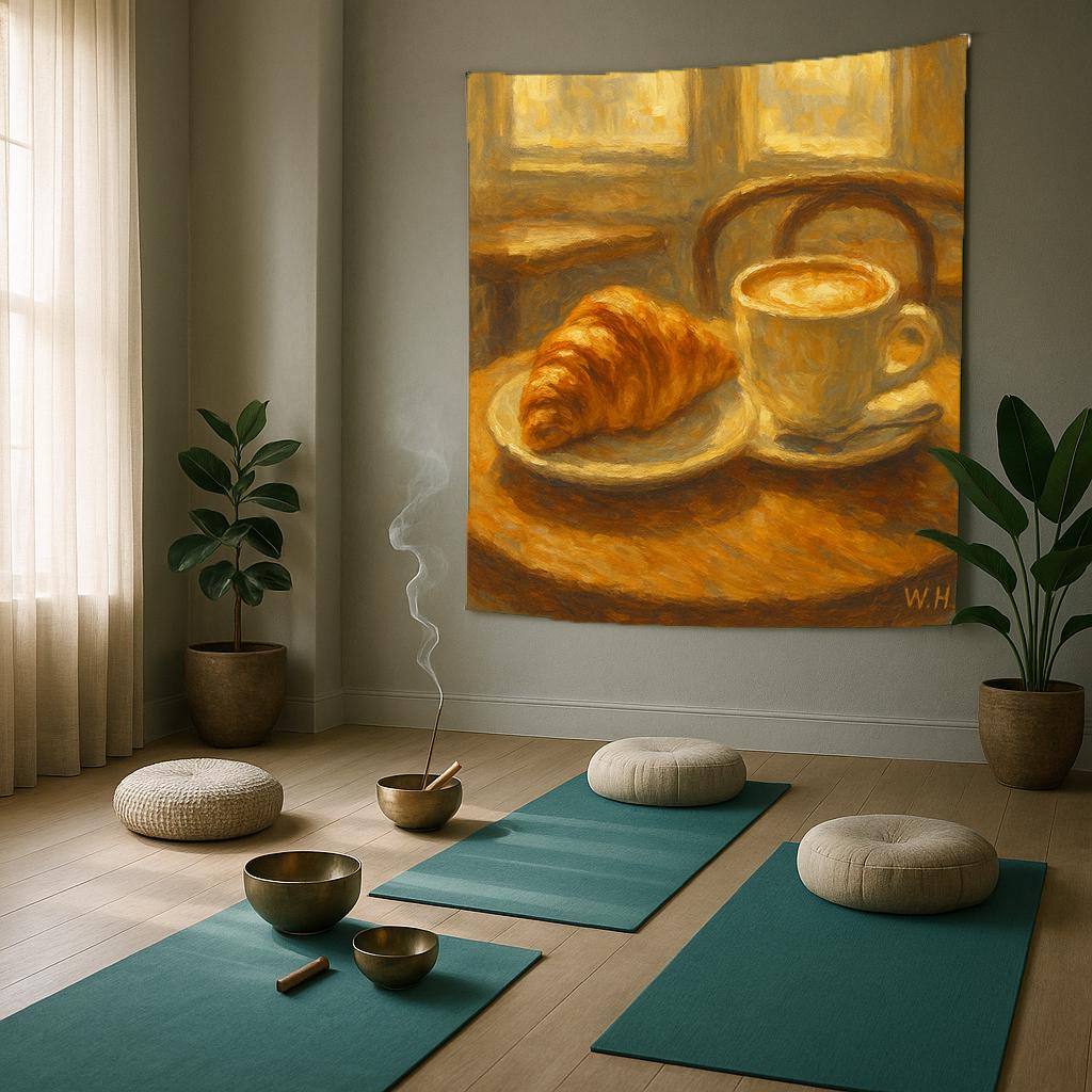 French Breakfast Tapestry Wall Art, Croissant and Coffee Painting Style Print, Cozy Kitchen Cafe Decor for Dining Room or Breakfast Nook