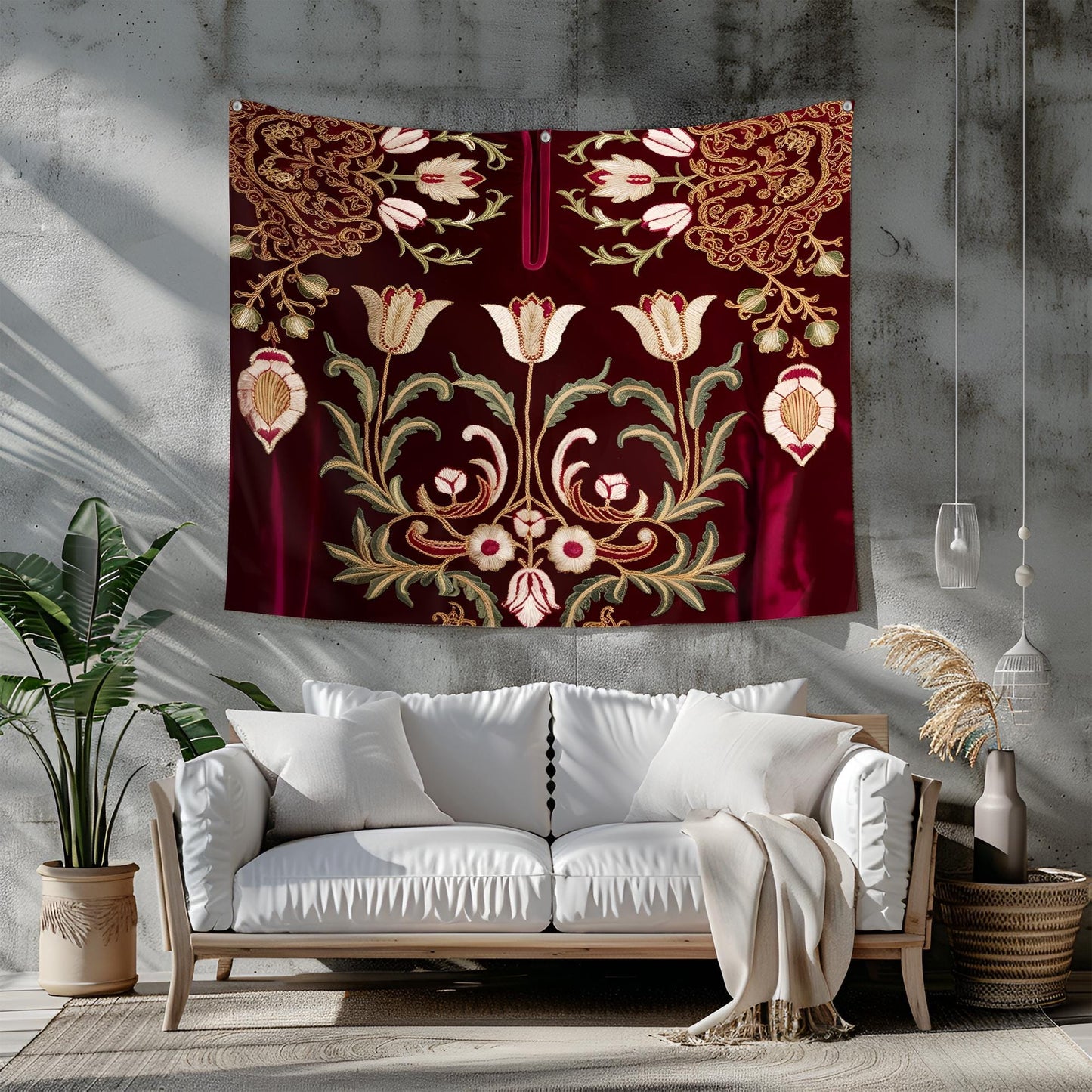 Ottoman Kaftan Embroidery Tapestry, Intricate Tulip Motifs & Golden Arabesques on Rich Velvet Textures, Luxurious Traditional Wall Art