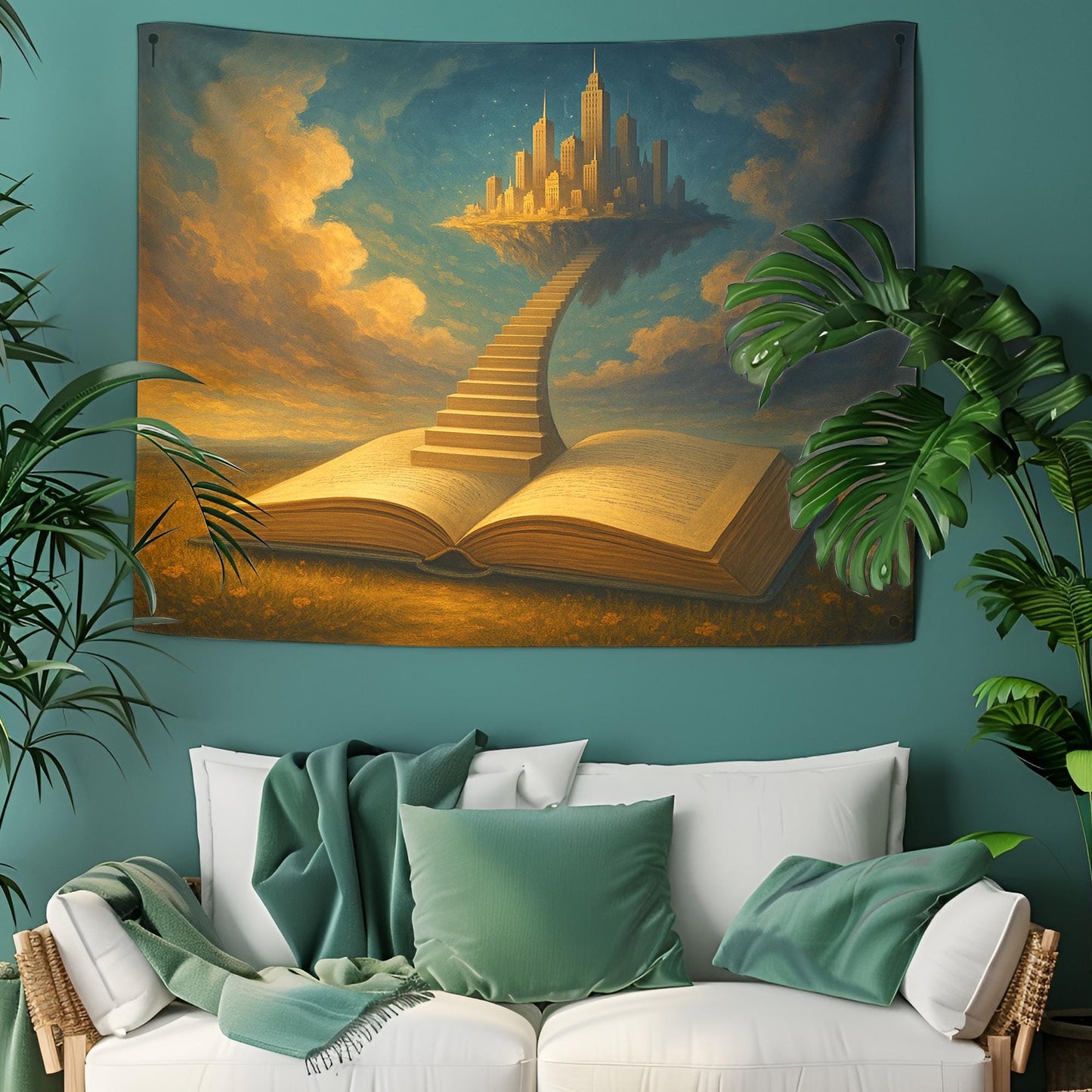 Open Book With Staircase To Floating City Tapestry, Surreal Dreamscape Field Scene, Literary Fantasy Wall Art, Gift For Readers