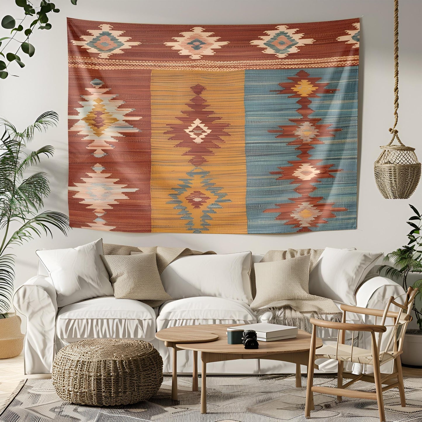 Peaceful Anatolian Kilim Tapestry, Rustic Boho Wall Hanging, Soft Woven Texture Decor, Terracotta Mustard Faded Teal Art, Bohemian Tapestry