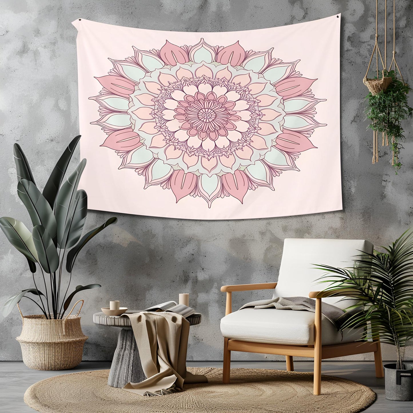 Delicate Floral Mandala Tapestry, Symmetrical Lotus Petals & Soft Pastel Tones, Calming Aesthetic with Intricate Botanical Patterns