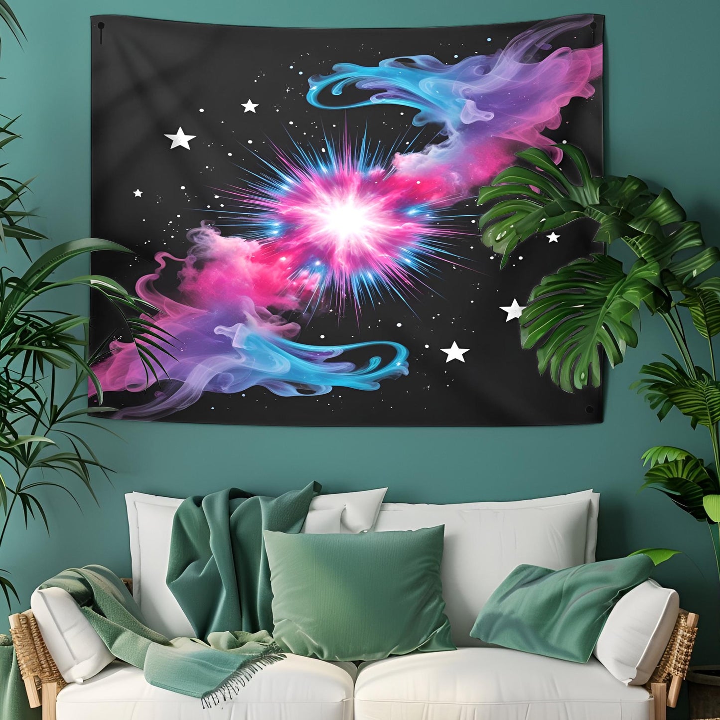 Colorful Space Nebula Tapestry, Central Cosmic Burst with Floating Stars & Swirling Mist, Vibrant Pink Blue Purple on Black Background