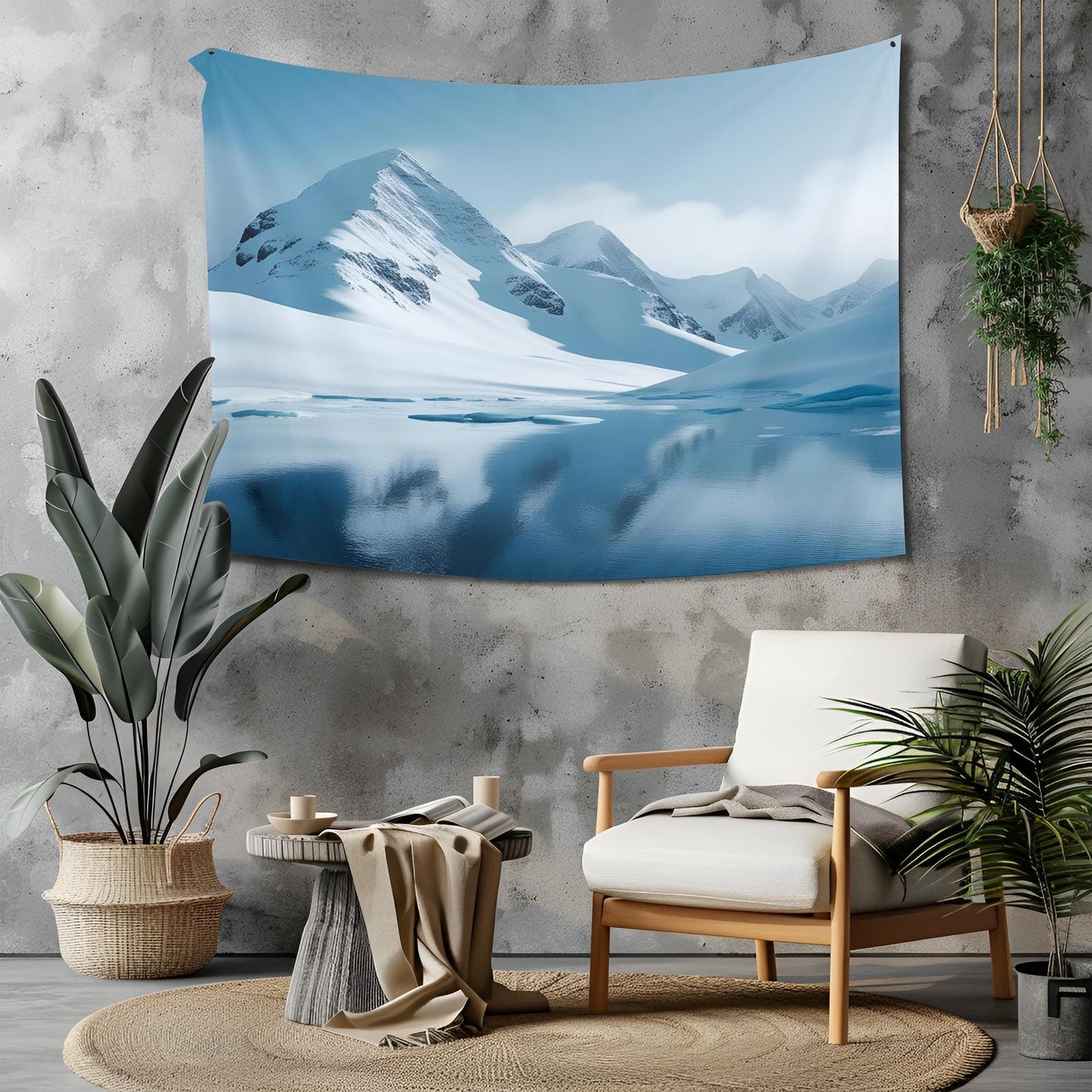 Snow-Covered Mountain Peaks Tapestry, Cool Blue Tones with Misty Softened Edges, Icy Reflections, Minimalist & Stylized Landscape Art