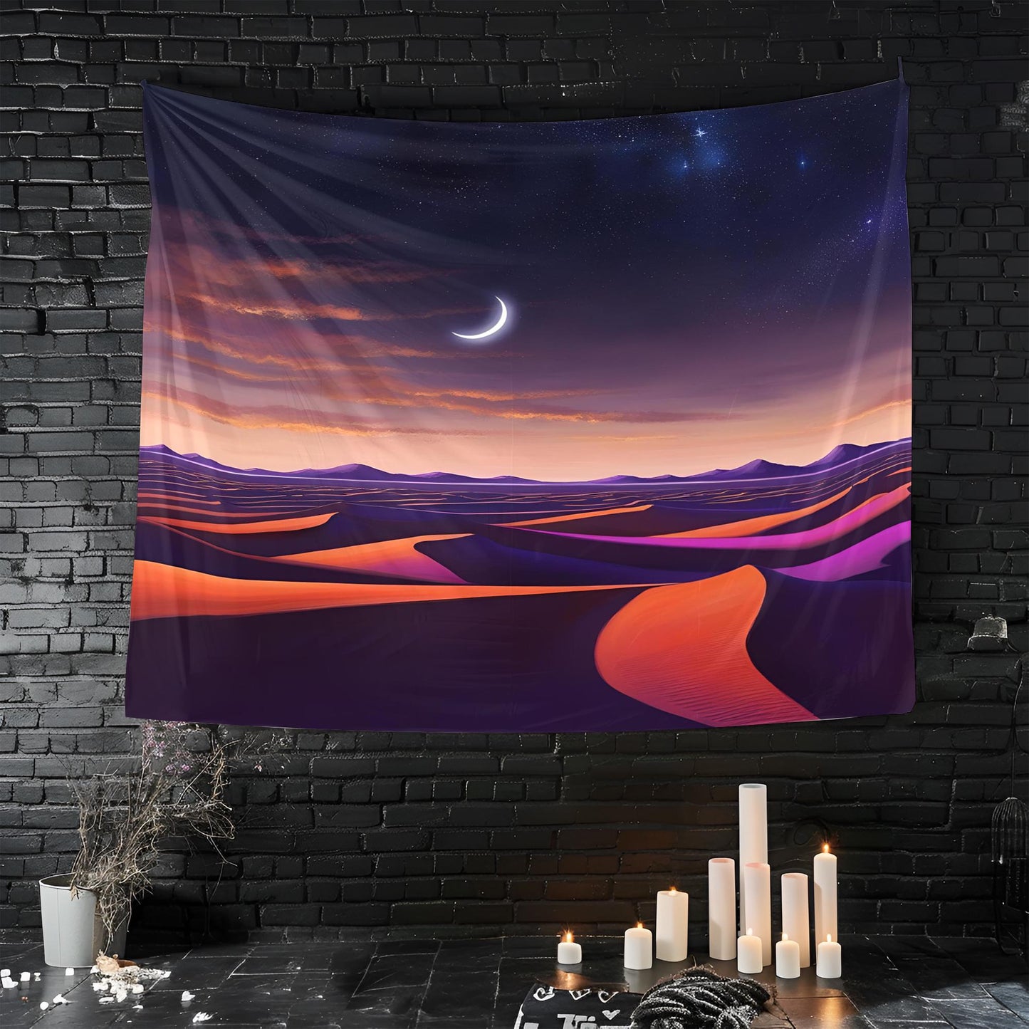 Desert Landscape Tapestry, Starry Night Sky with Crescent Moon, Deep Orange Sand Dunes & Purple Shadows, Tranquil Boho Wall Art