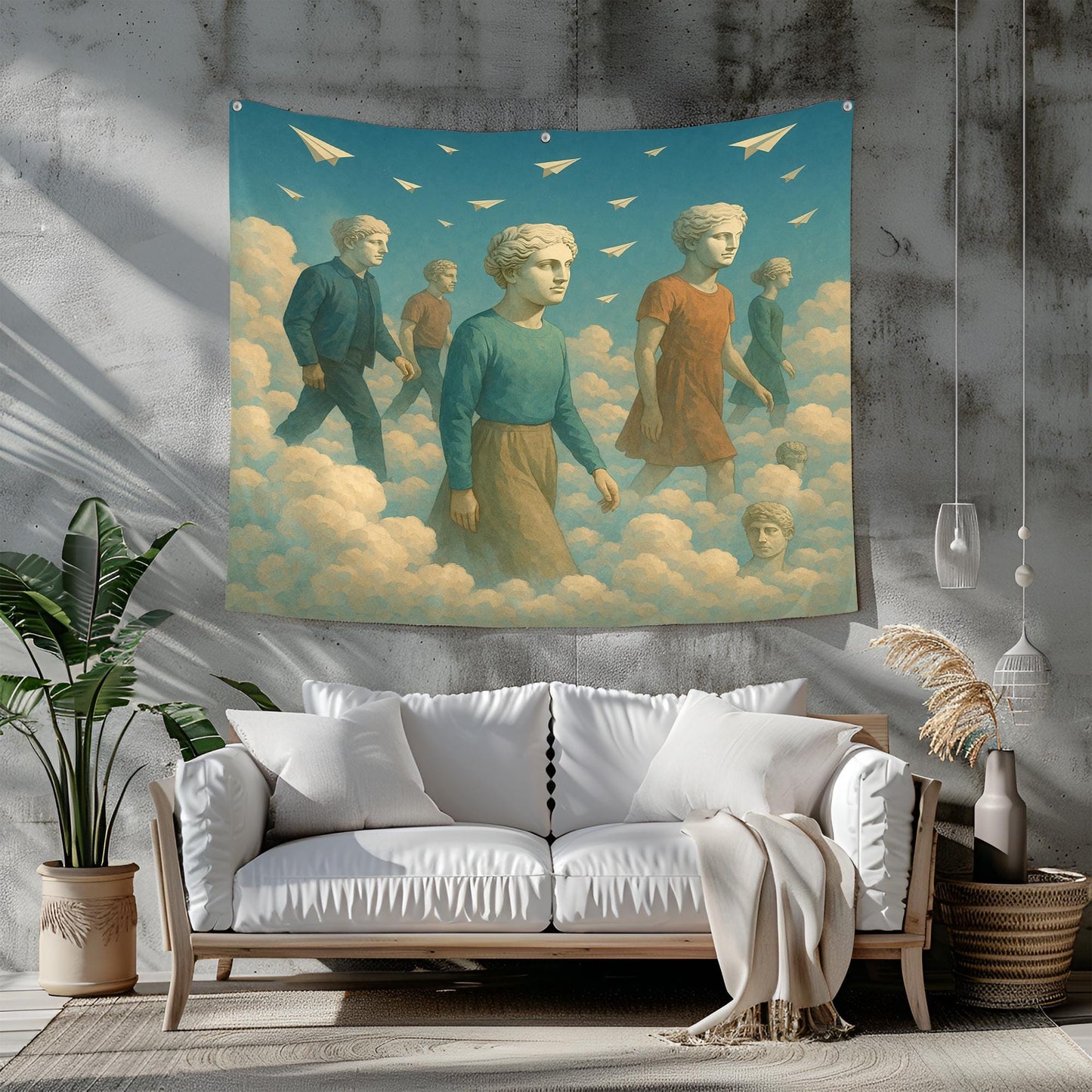 Cloud Walkers Tapestry With Ancient Sculpture Heads And Reverse Paper Planes, Surreal Dreamscape Wall Art, Thoughtful Gift For Him Or Her