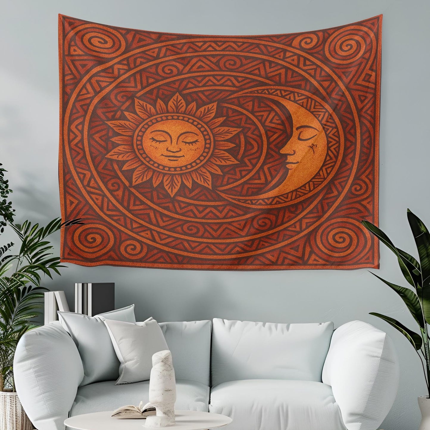 Sun and Moon Tapestry Wall Hanging β Tribal Celestial Boho Decor with Smiling Faces and Swirled Earthy Orange Geometric Mandala Design