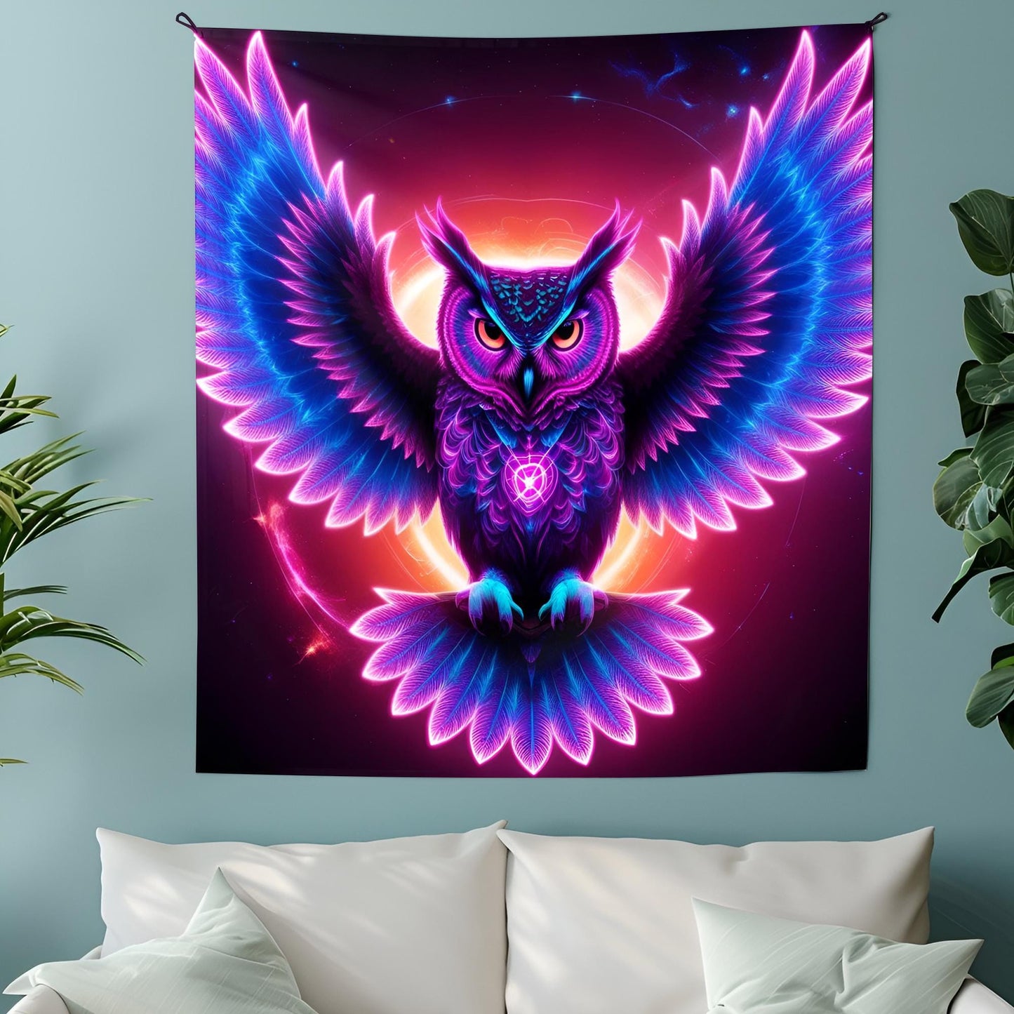 Neon Cosmic Owl Tapestry, Glowing Fractal Feathers & Hypnotic Eyes, Psychedelic Mystic Wall Art, Vibrant Light Trails Decor, Trippy Decor