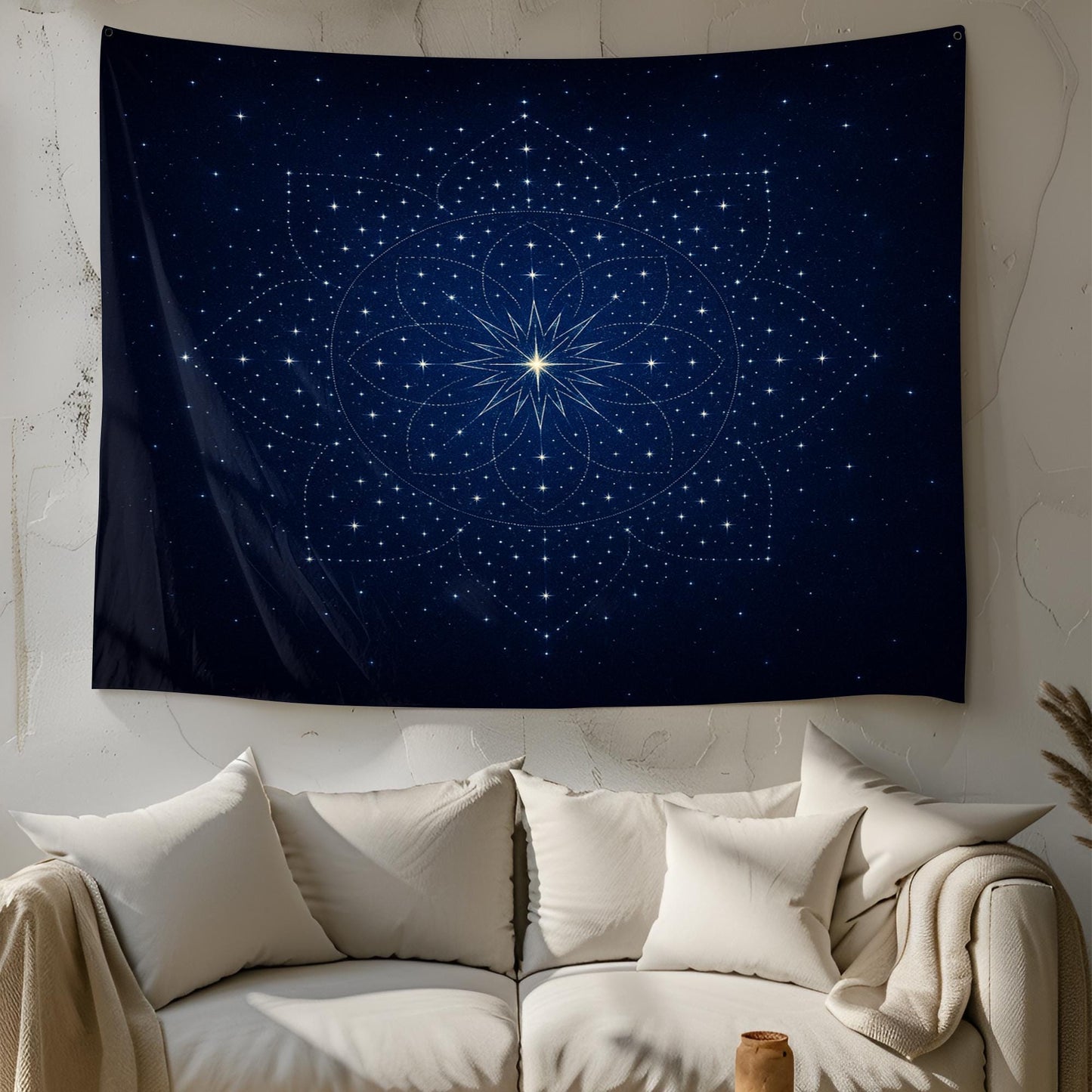 Mystical Star Mandala Wall Tapestry with Cosmic Night Sky Design – Deep Blue Celestial Wall Art for Spiritual Meditation or Boho Décor