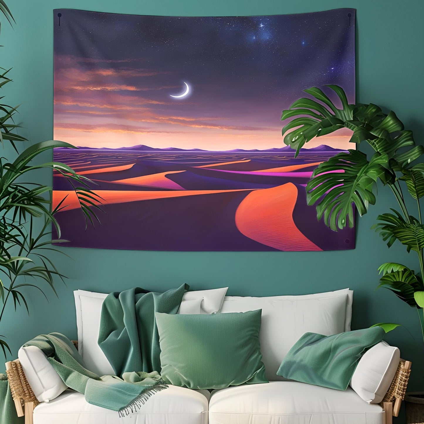 Desert Landscape Tapestry, Starry Night Sky with Crescent Moon, Deep Orange Sand Dunes & Purple Shadows, Tranquil Boho Wall Art