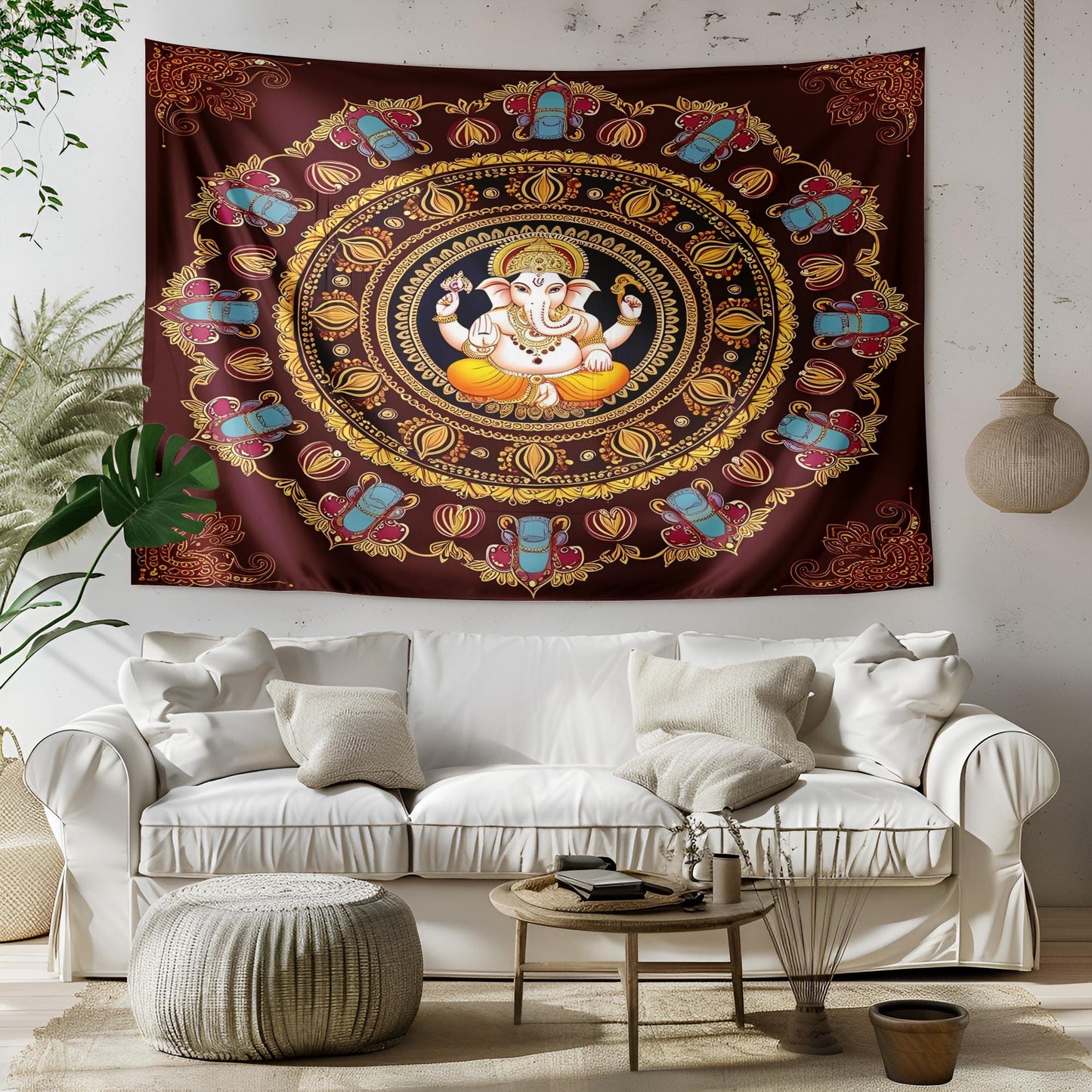 Lord Ganesha Mandala Tapestry, Indian Spiritual Wall Hanging, Elephant Motif Decor, Maroon Saffron Boho Art, Hindu Sacred Design
