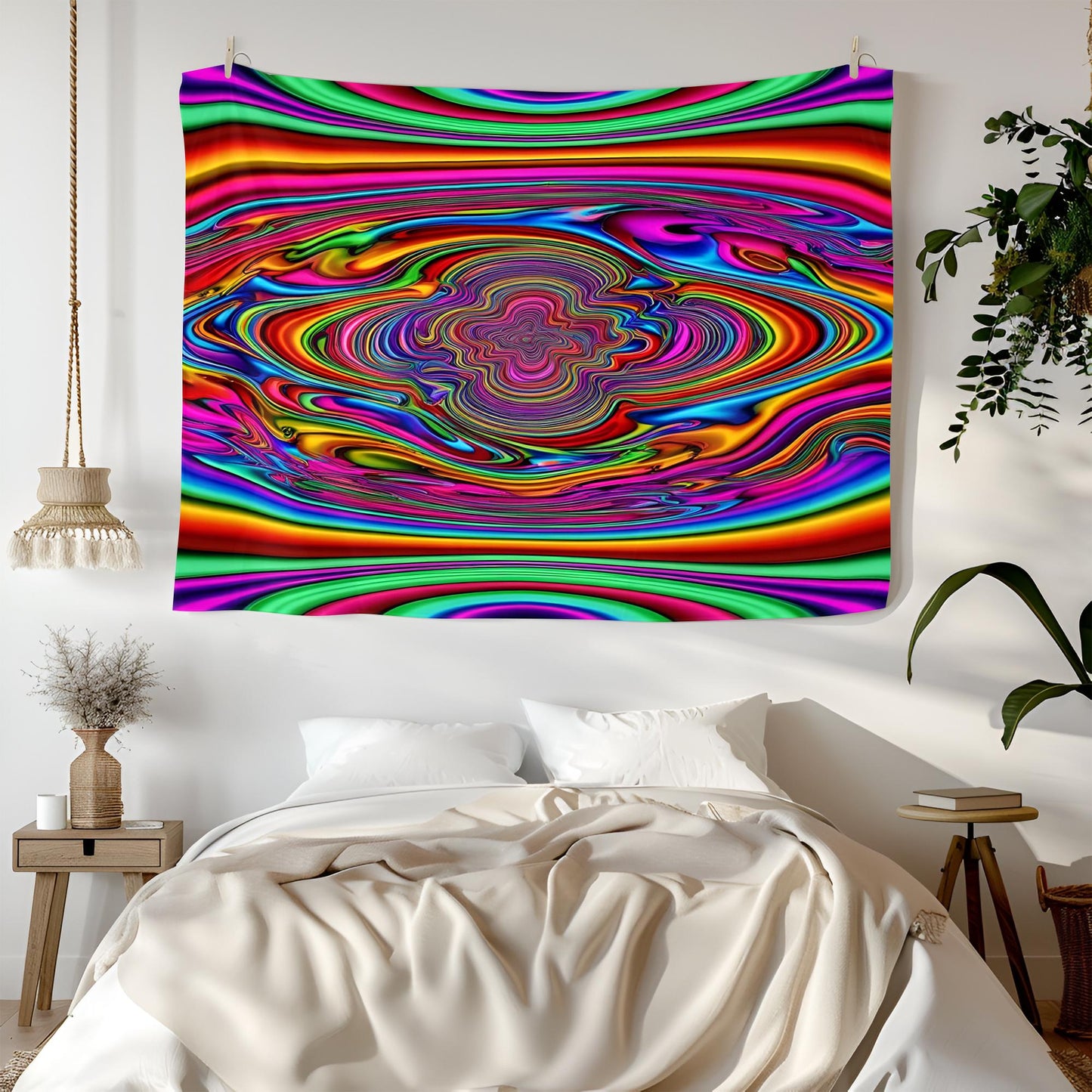 Liquid Swirling Neon Landscape Tapestry, Infinite Reflections & Shifting Patterns, Trippy Optical Illusion Psychedelic Mind-Bending Art