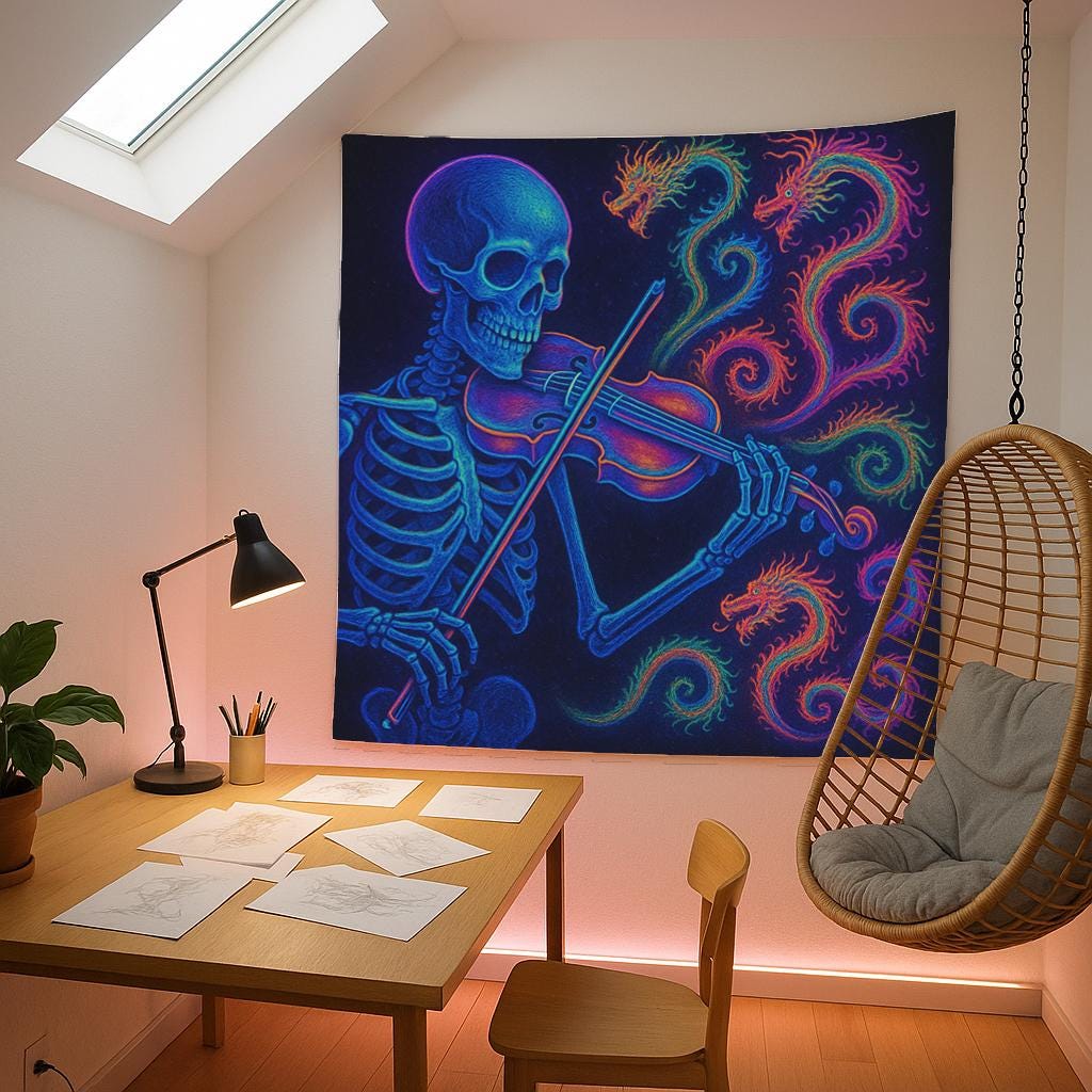 Skeleton Violin Tapestry, Psychedelic Gothic Wall Art, Trippy Neon Room Decor, Dark Boho Skeleton Print, Unique Gift for Musicians