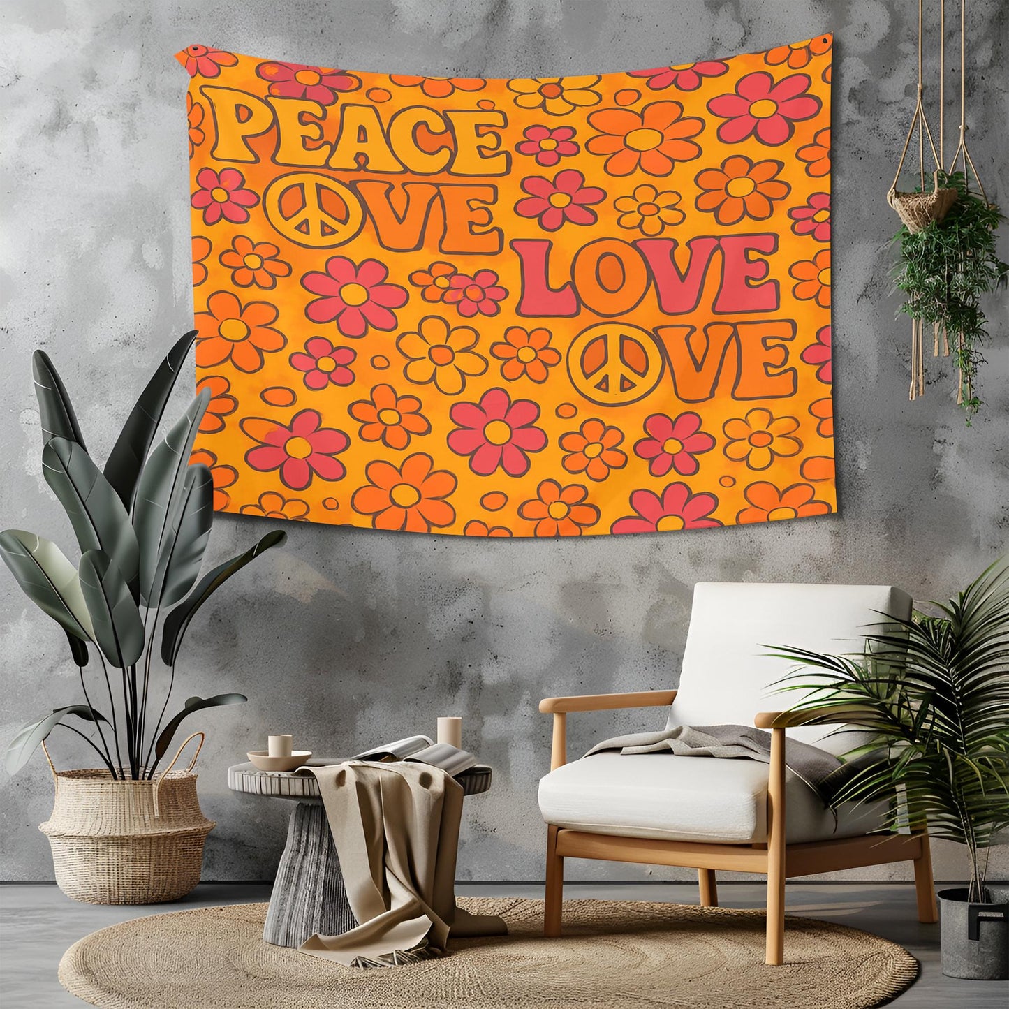 Retro Peace And Love Pattern Tapestry, 70s Style Typography With Flower Power Symbols, Orange Yellow Pink Wall Art, Groovy Gift For Her
