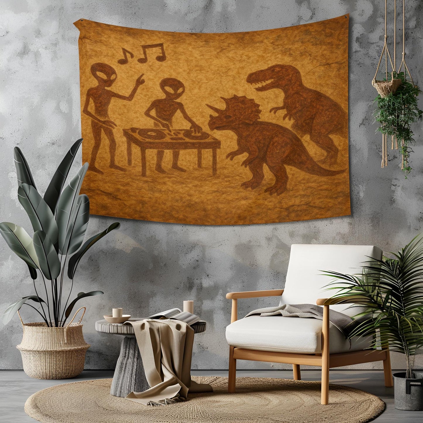 Alien DJ Dinosaur Party Tapestry, Funny Wall Art With UFO Music Scene, Prehistoric Club Decor, Unique Gift For Sci Fi And Dino Lovers